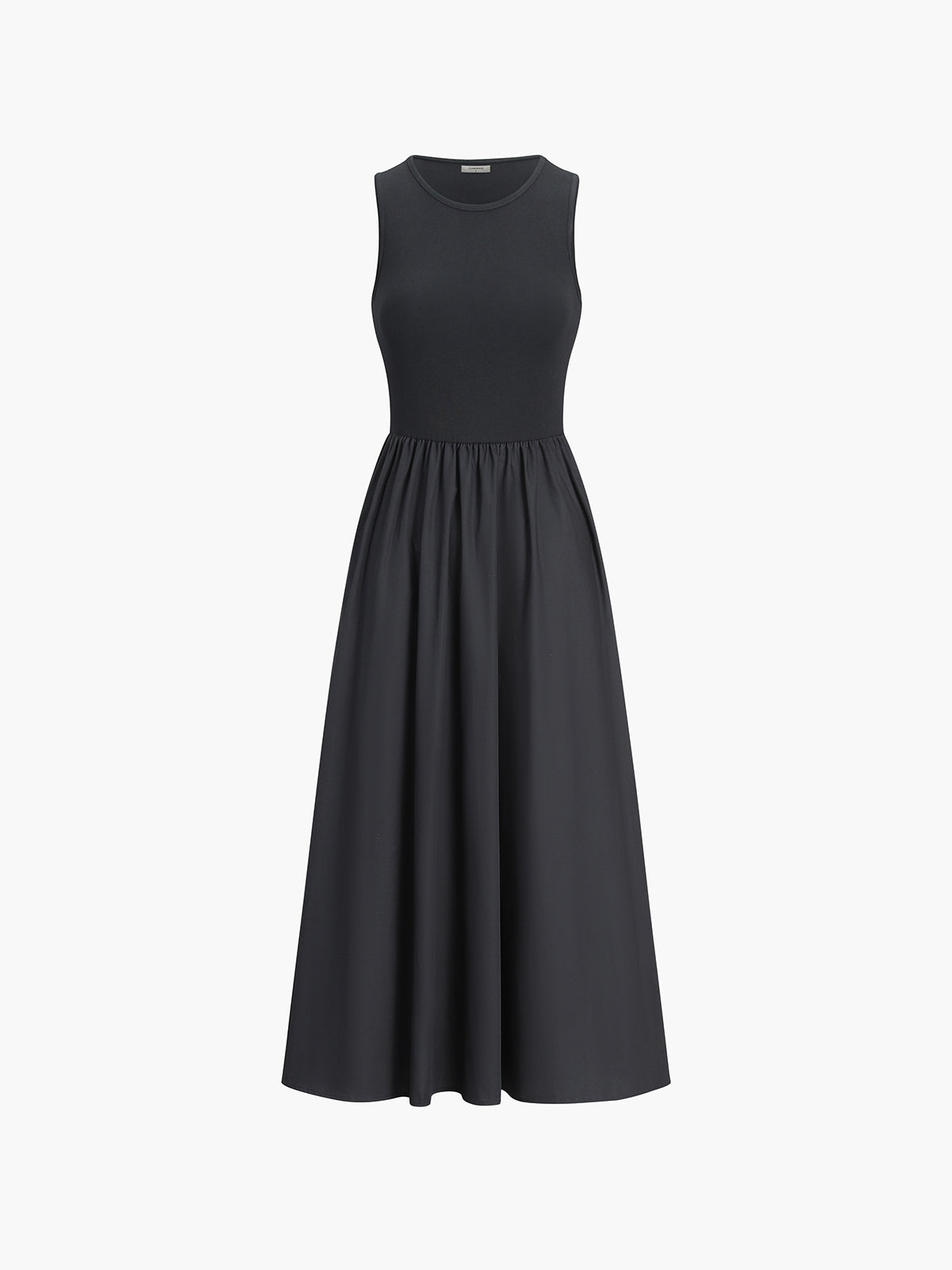 Dress in Cotton — Sleeveless Ribbed Bodice Midi with Full Gathered Skirt and Pockets