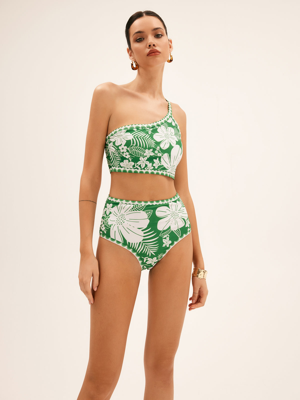Bikini Set in Stretch Nylon — One-Shoulder Tropical Floral Print with High-Waist Bottom