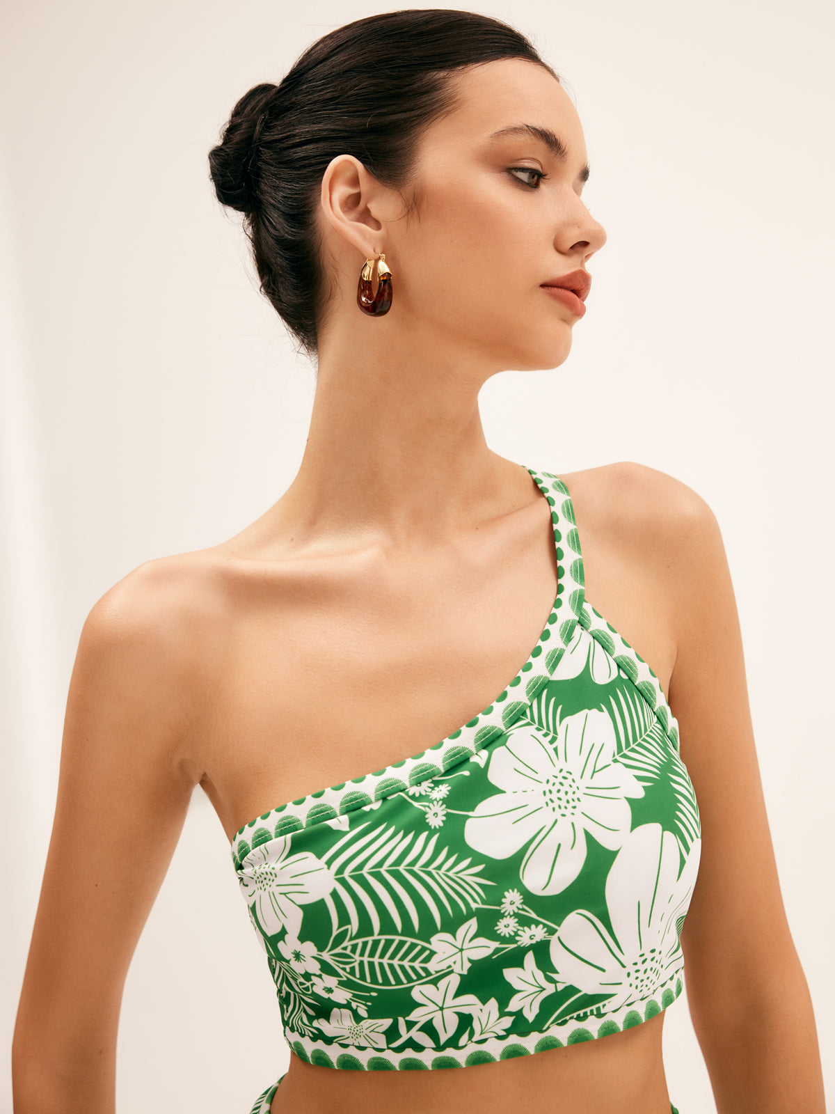 Bikini Set in Stretch Nylon — One-Shoulder Tropical Floral Print with High-Waist Bottom