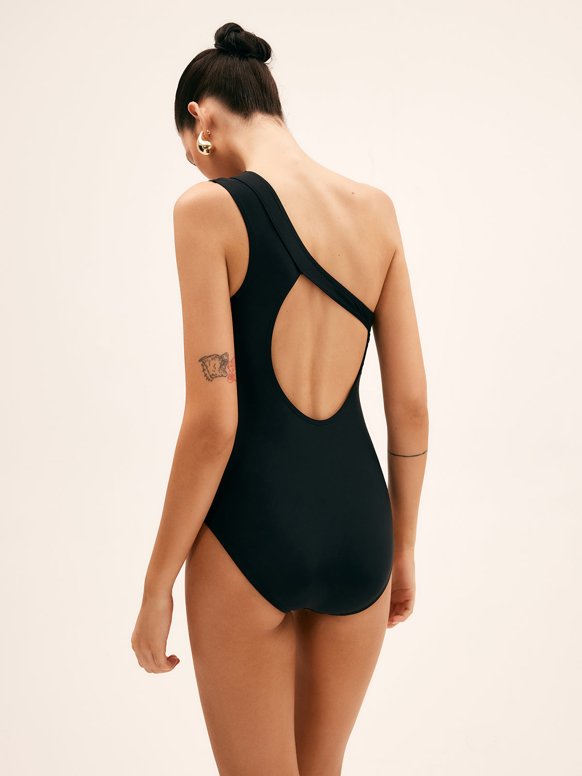 One-Piece Swimsuit in Stretch Nylon — One Shoulder Asymmetric Cutout with Open Back