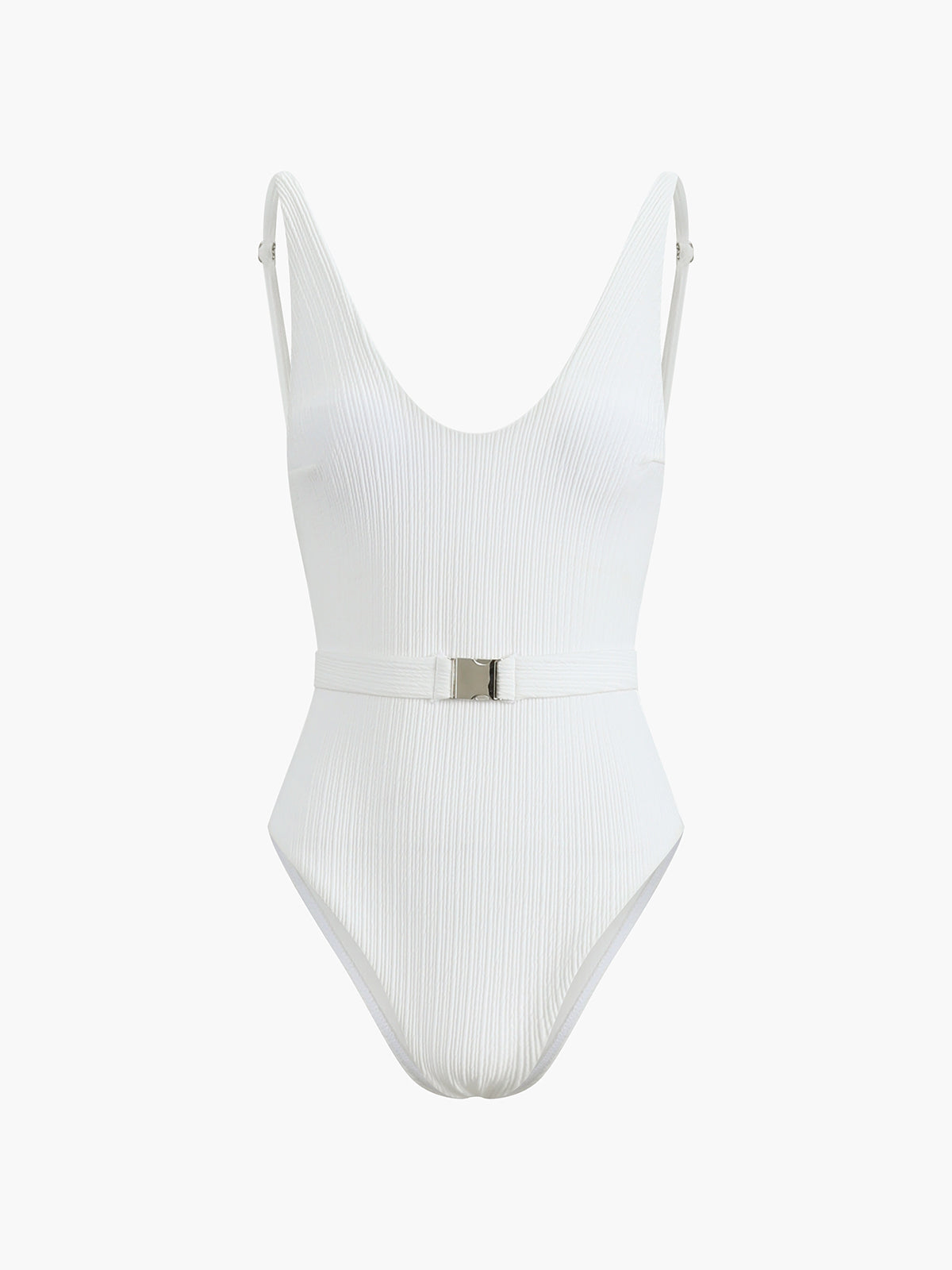 One-Piece Swimsuit in Ribbed Stretch Nylon — Belted High-Cut Scoop Neck with Open Back