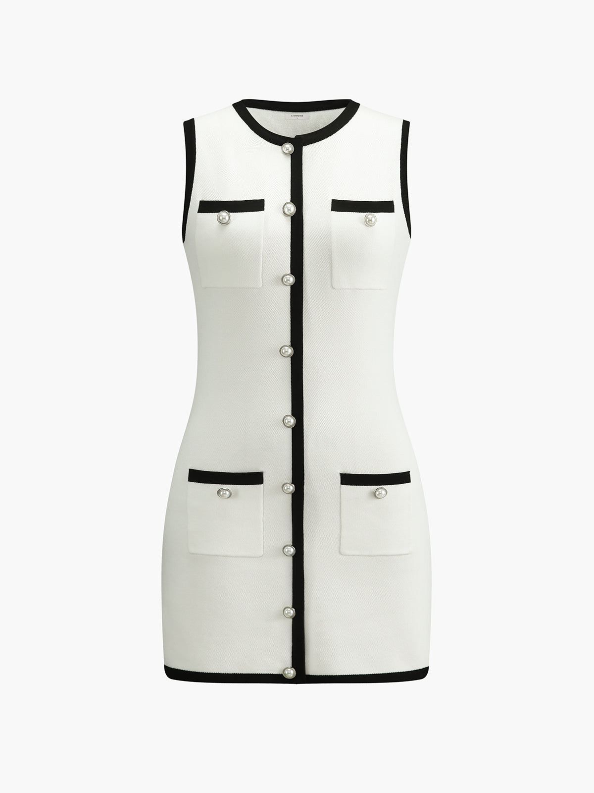 Dress in Knit — Sleeveless Pearl Button Mini with Contrast Trim for Elegant Style