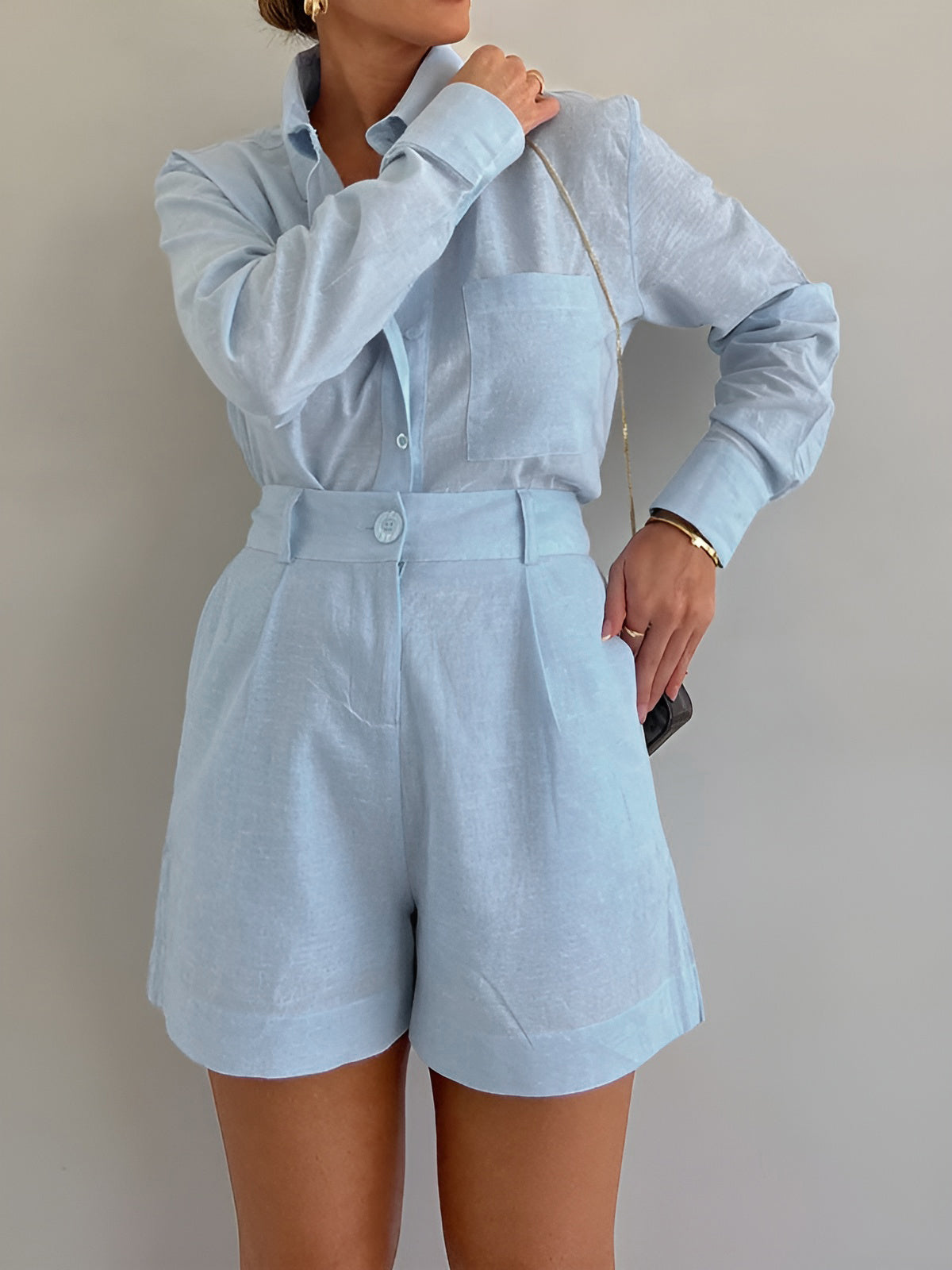Set in Linen — Long Sleeve Button Shirt with High Waist Belted Shorts for Women