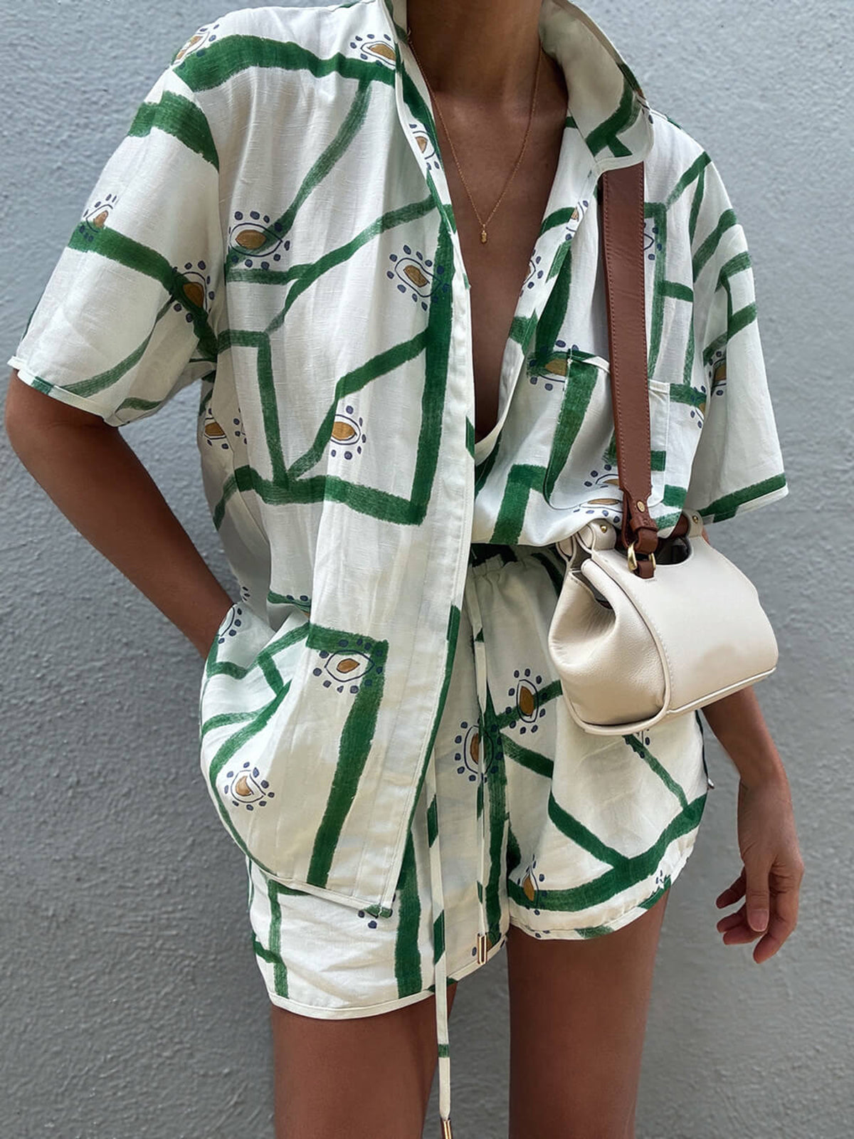 Set in Viscose — Printed Two Piece Matching Short Set for Women with Button Shirt