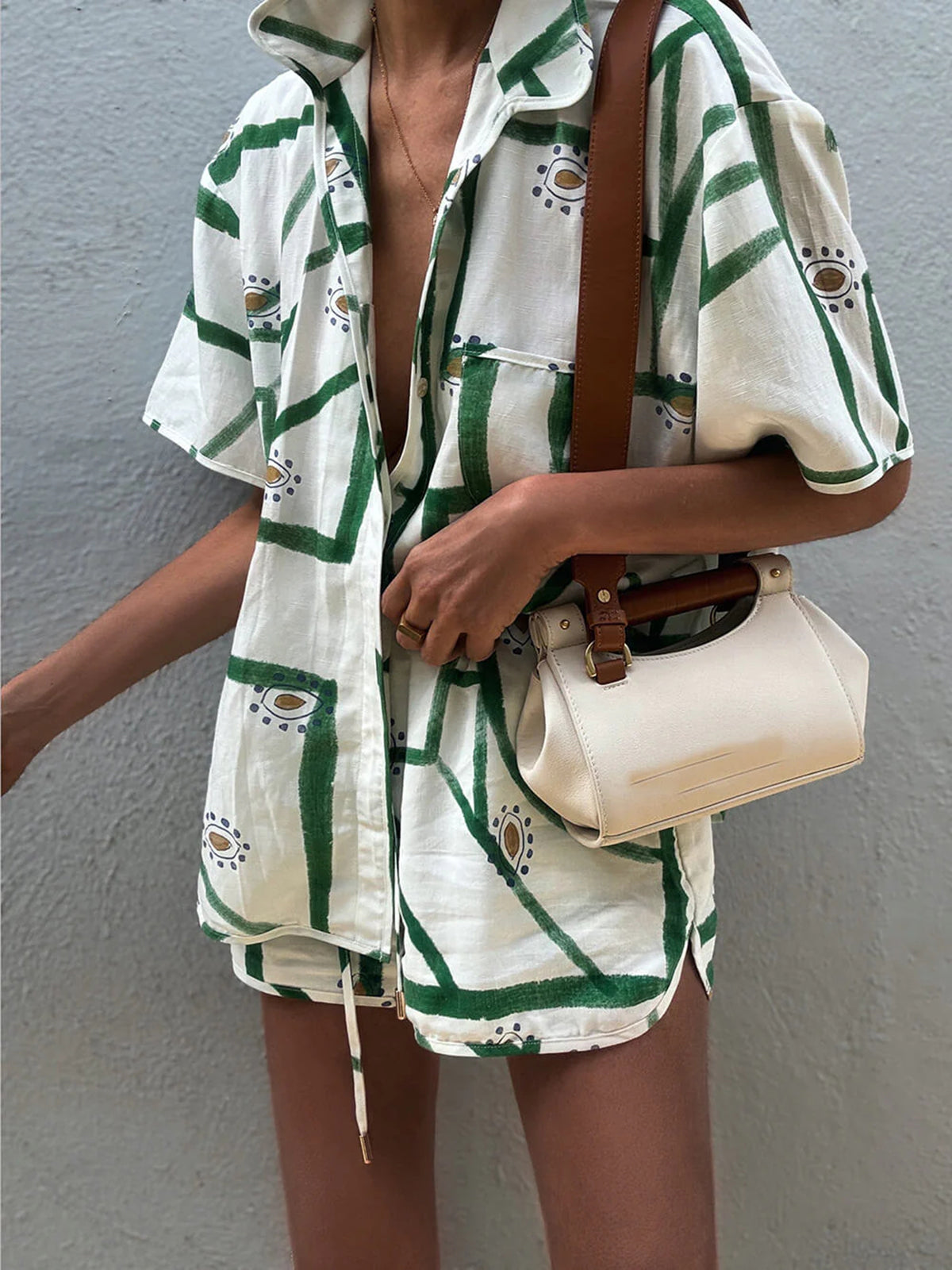 Set in Viscose — Printed Two Piece Matching Short Set for Women with Button Shirt