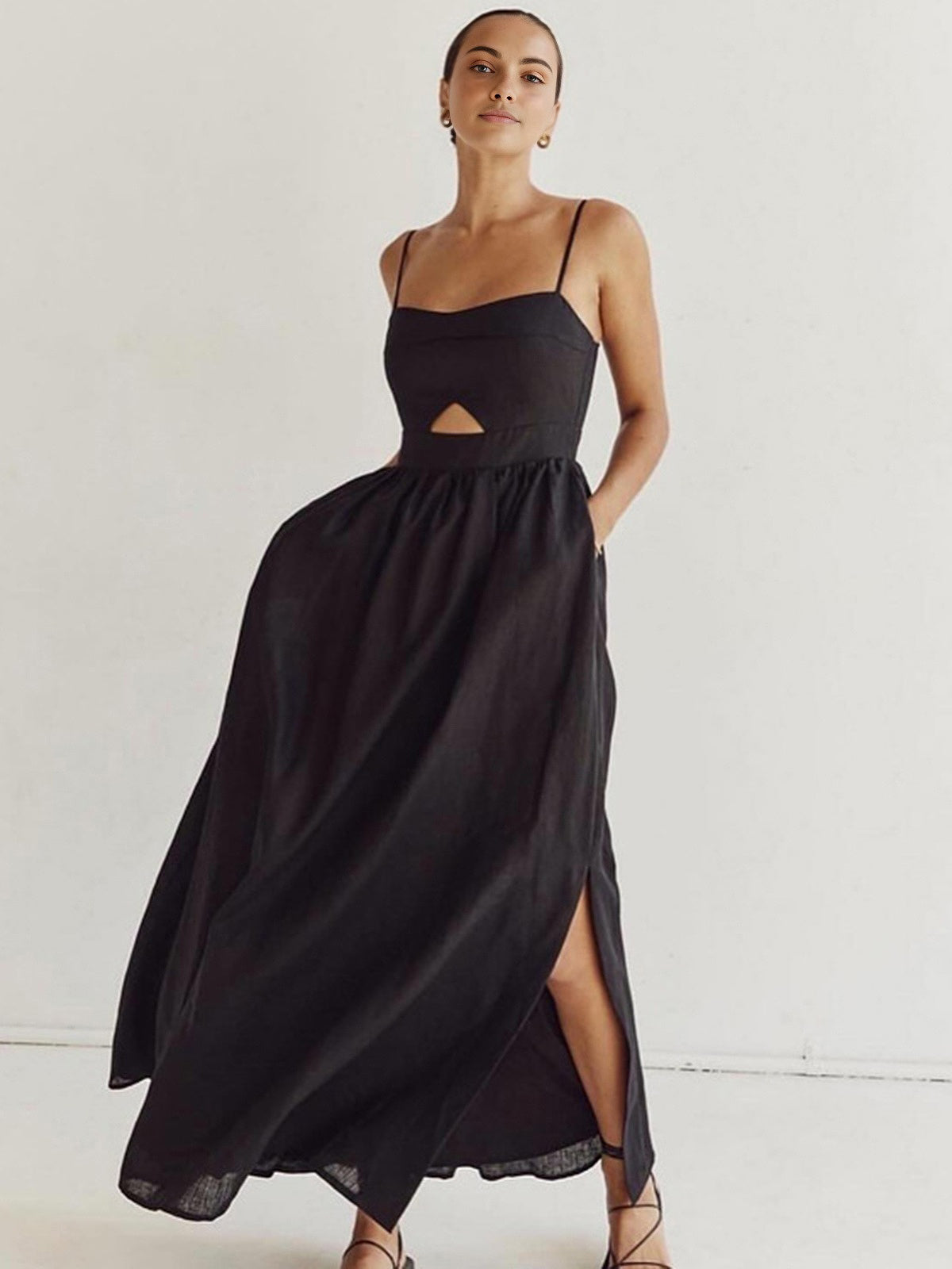 Dress in Linen — Spaghetti Strap Cutout Waist A-Line Maxi with Pockets for Summer