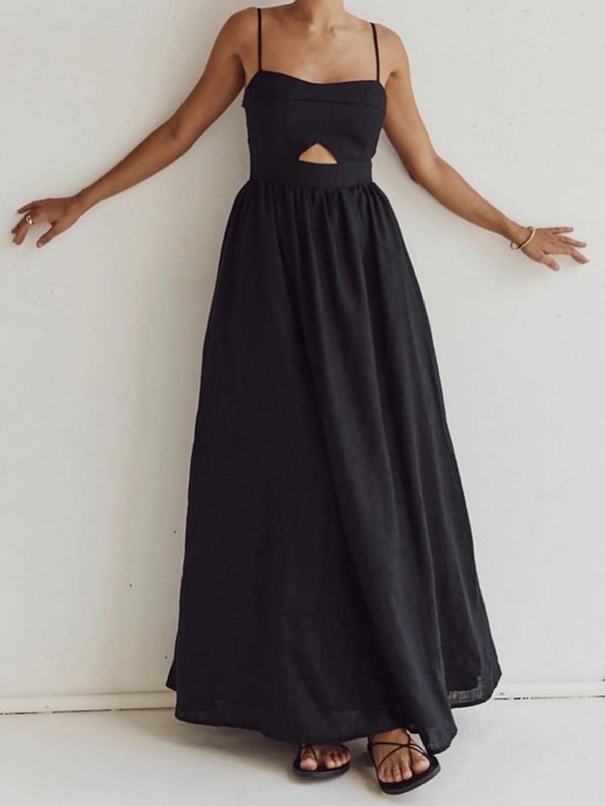 Dress in Linen — Spaghetti Strap Cutout Waist A-Line Maxi with Pockets for Summer