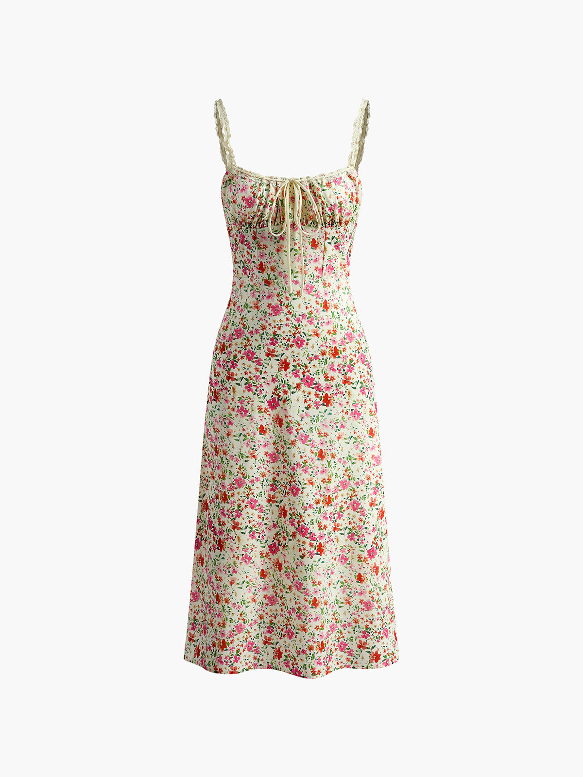 Dress in Viscose — Ditsy Floral Smocked Midi with Sweetheart Neckline and Lace Straps
