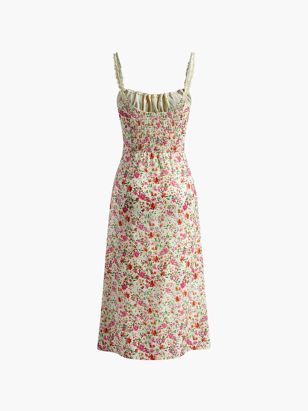 Dress in Viscose — Ditsy Floral Smocked Midi with Sweetheart Neckline and Lace Straps