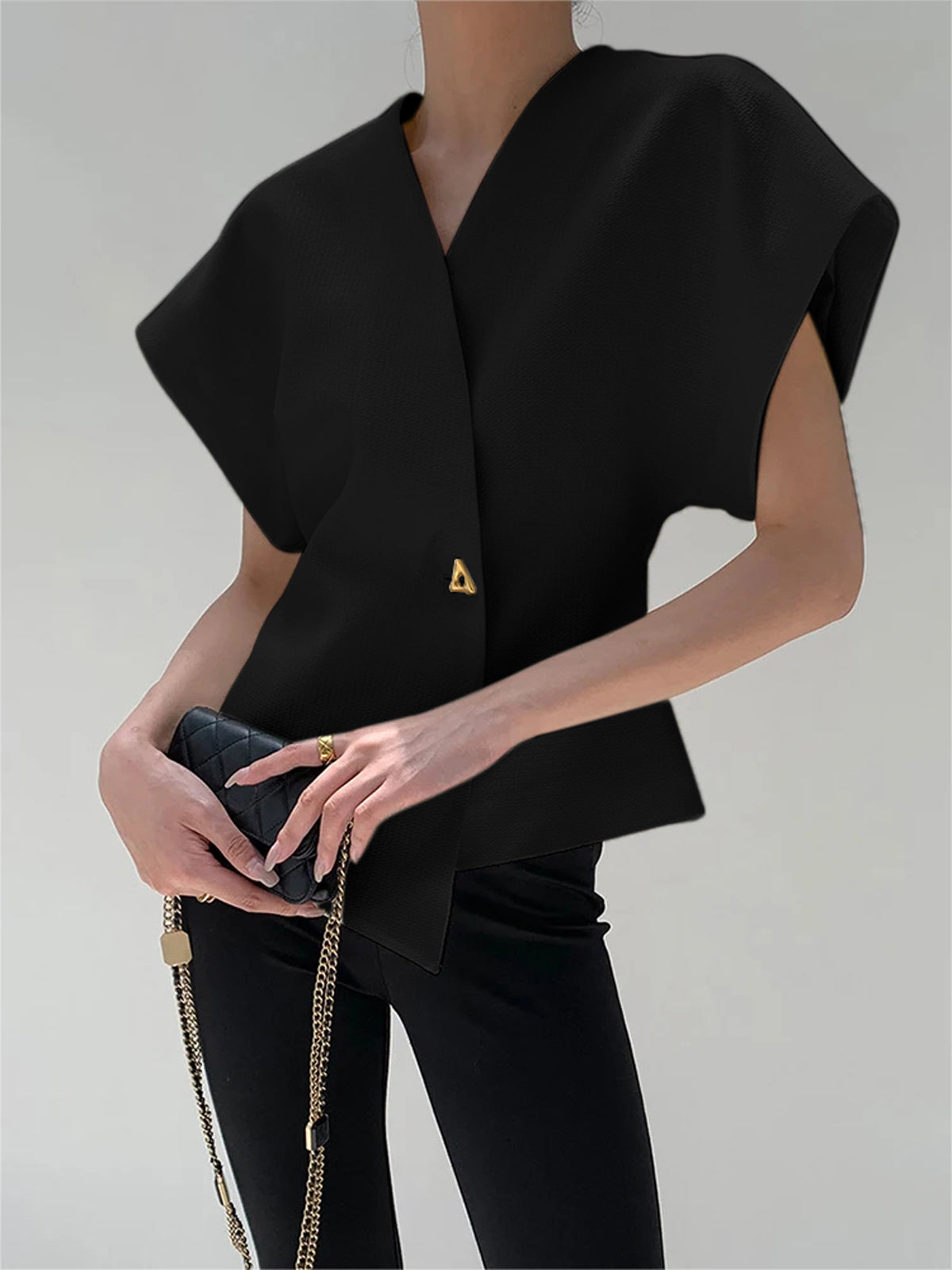 Blouse in Crepe — V Neck Cap Sleeve with Asymmetric Gold Button for Office Wear