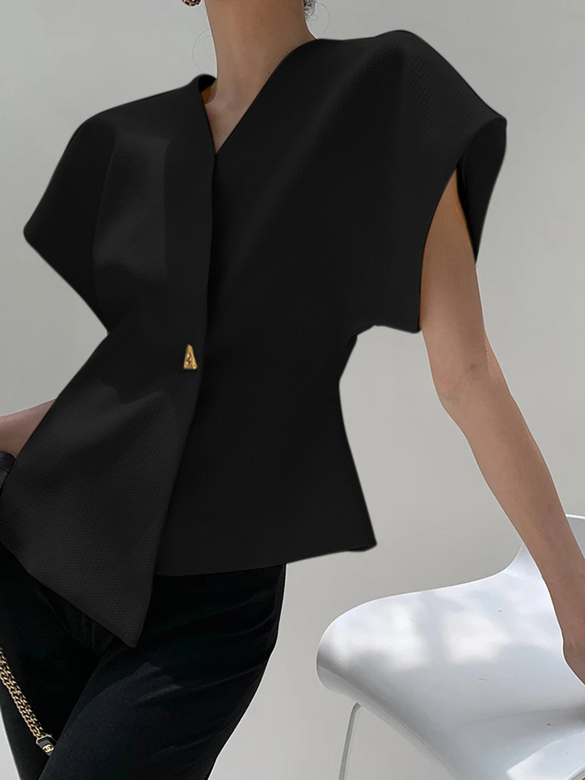 Blouse in Crepe — V Neck Cap Sleeve with Asymmetric Gold Button for Office Wear