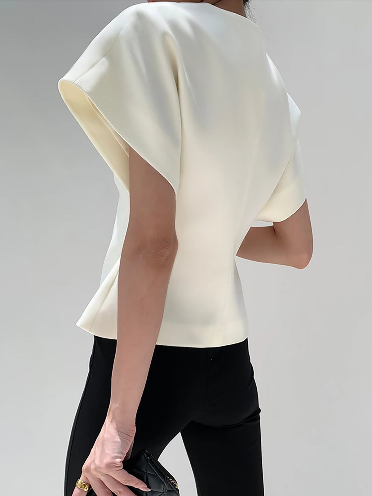 Blouse in Crepe — V Neck Cap Sleeve with Asymmetric Gold Button for Office Wear