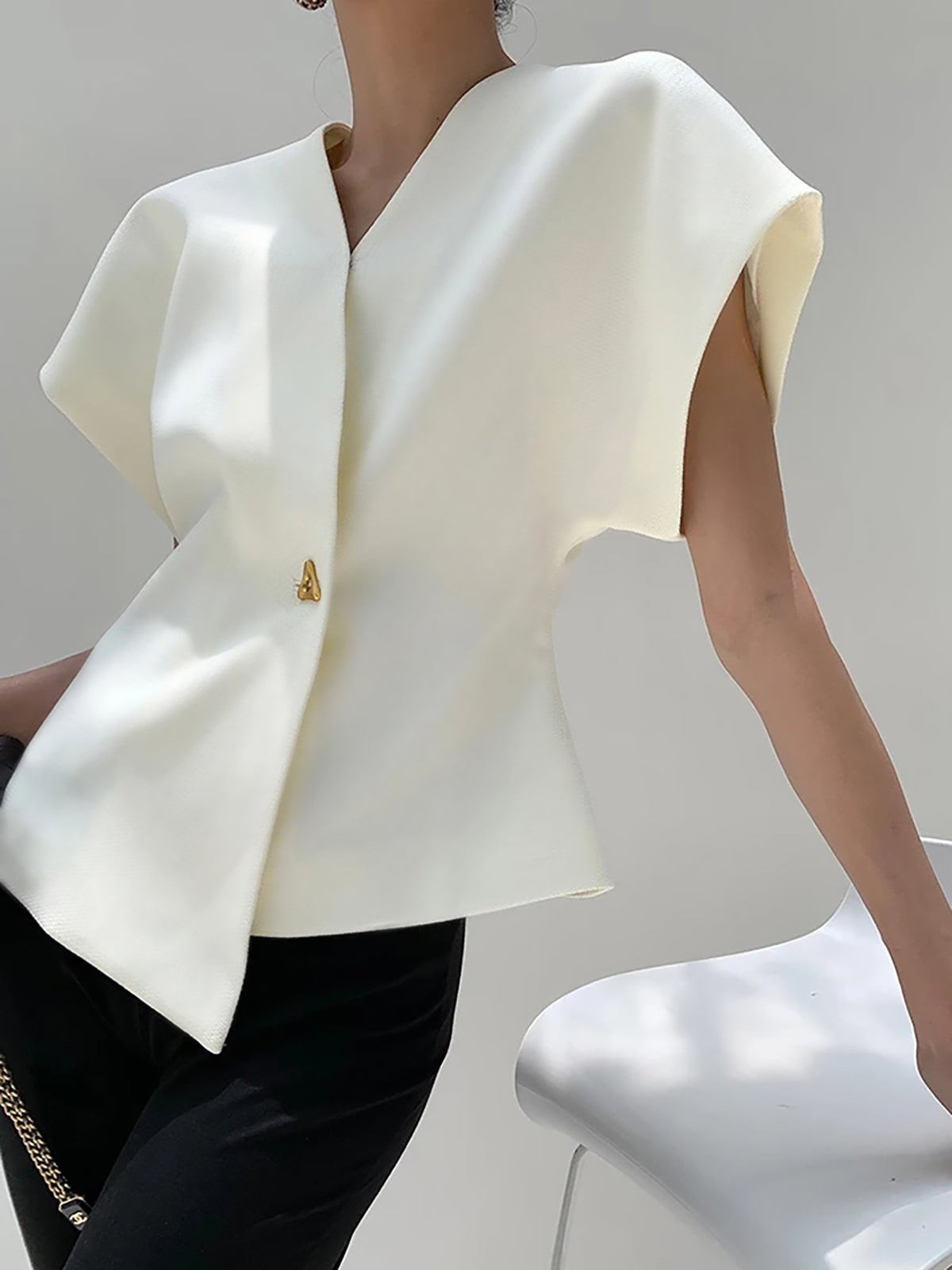 Blouse in Crepe — V Neck Cap Sleeve with Asymmetric Gold Button for Office Wear