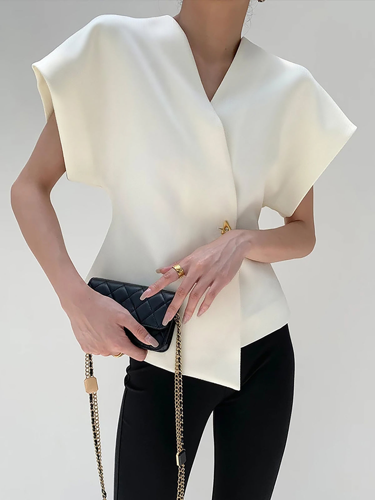 Blouse in Crepe — V Neck Cap Sleeve with Asymmetric Gold Button for Office Wear