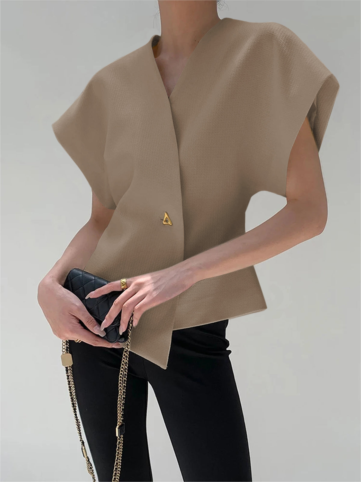Blouse in Crepe — V Neck Cap Sleeve with Asymmetric Gold Button for Office Wear
