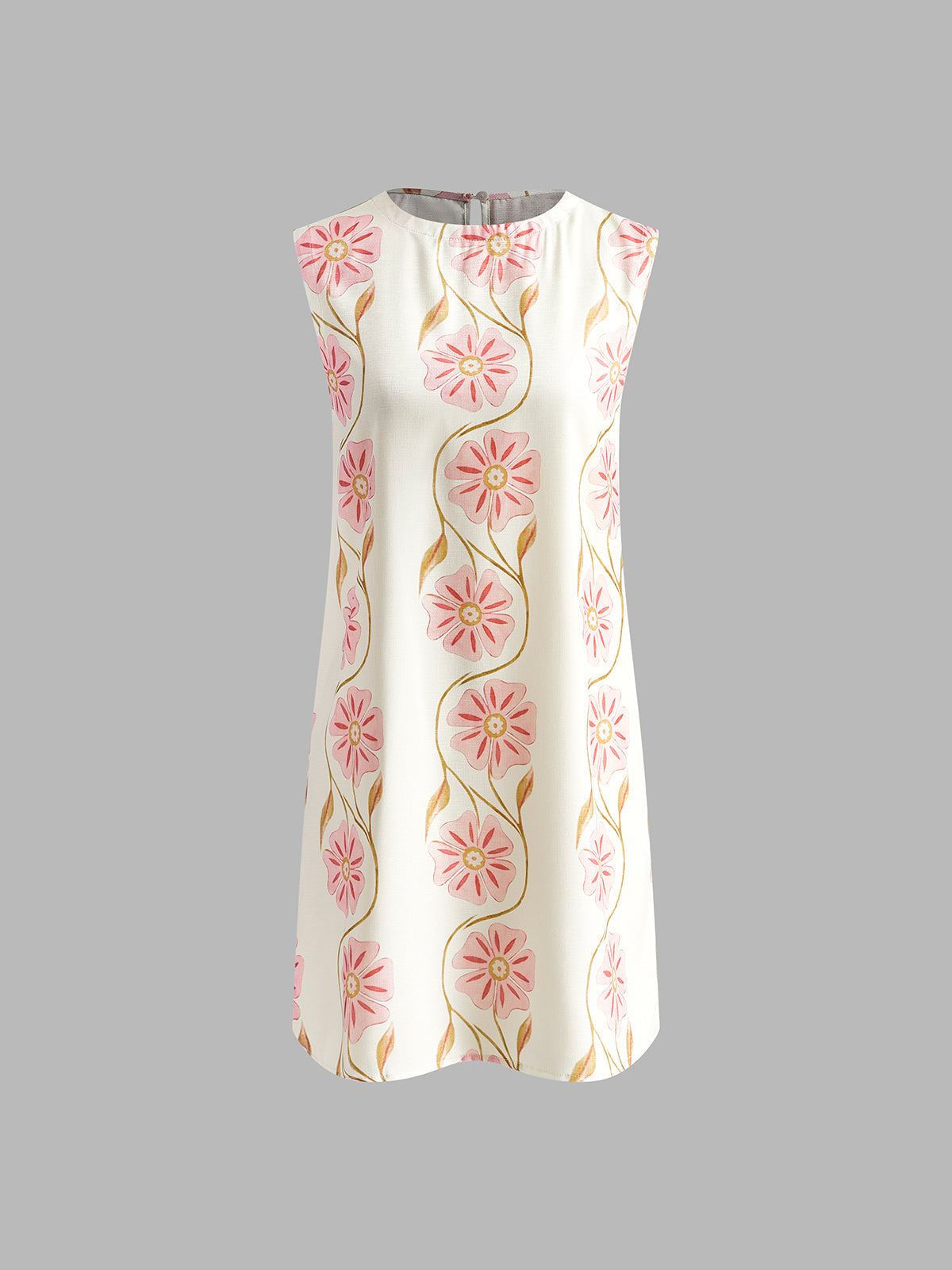 Dress in Linen — Sleeveless Floral Vine Mini Shift with Round Neck for Summer