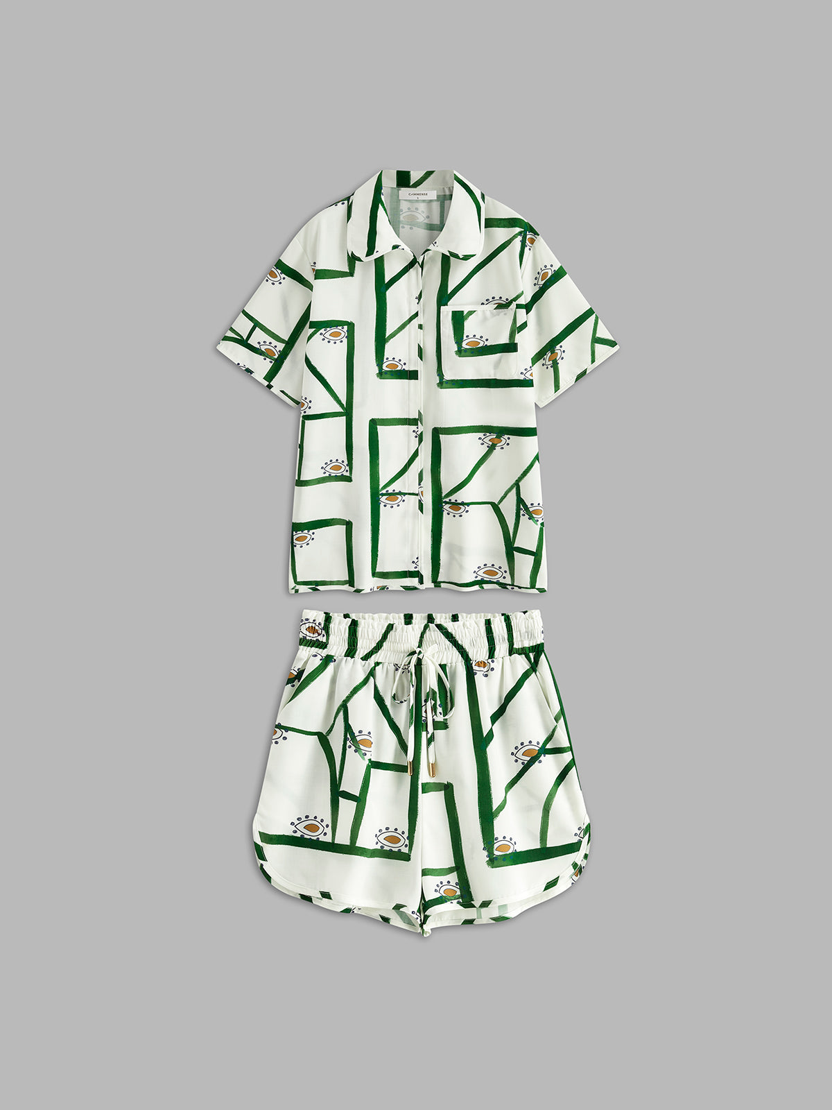 Set in Viscose — Printed Two Piece Matching Short Set for Women with Button Shirt