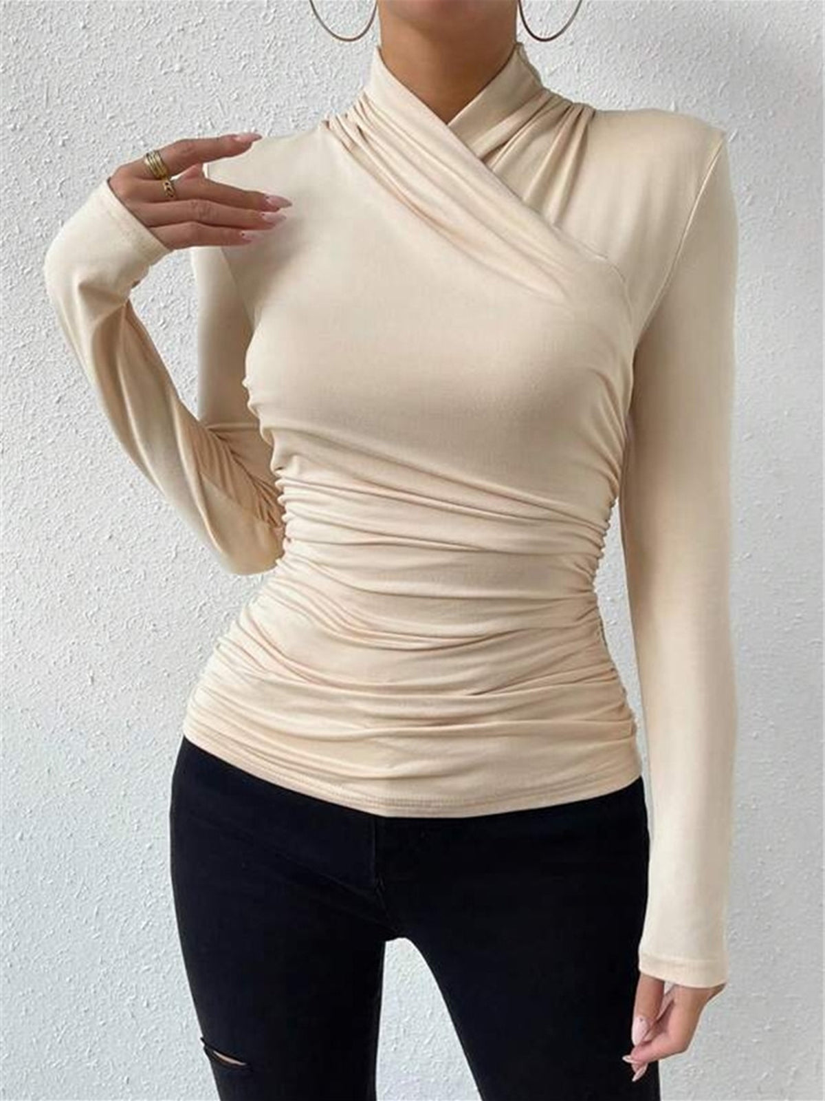 Top in Viscose — Mock Neck Long Sleeve with Ruched Waist and Crossover Wrap Detail