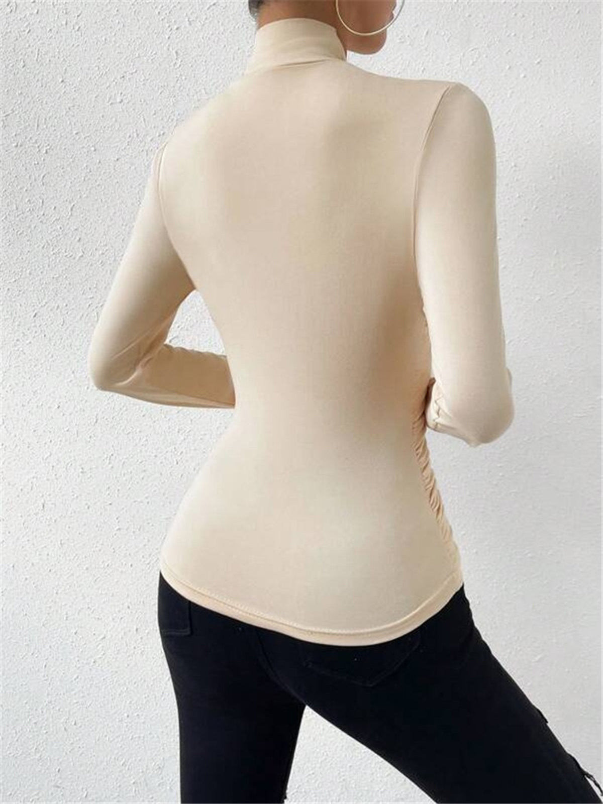 Top in Viscose — Mock Neck Long Sleeve with Ruched Waist and Crossover Wrap Detail