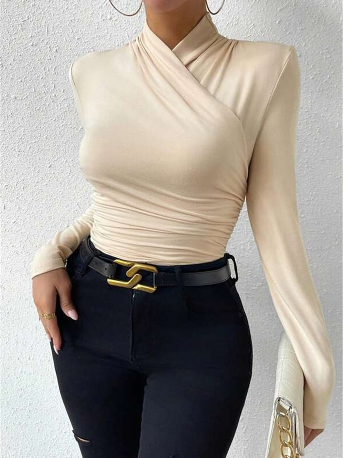 Top in Viscose — Mock Neck Long Sleeve with Ruched Waist and Crossover Wrap Detail