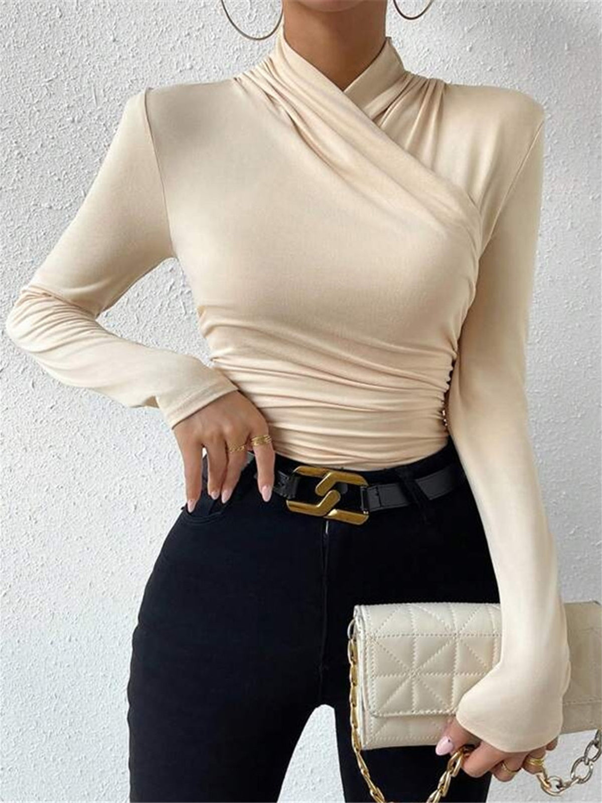Top in Viscose — Mock Neck Long Sleeve with Ruched Waist and Crossover Wrap Detail