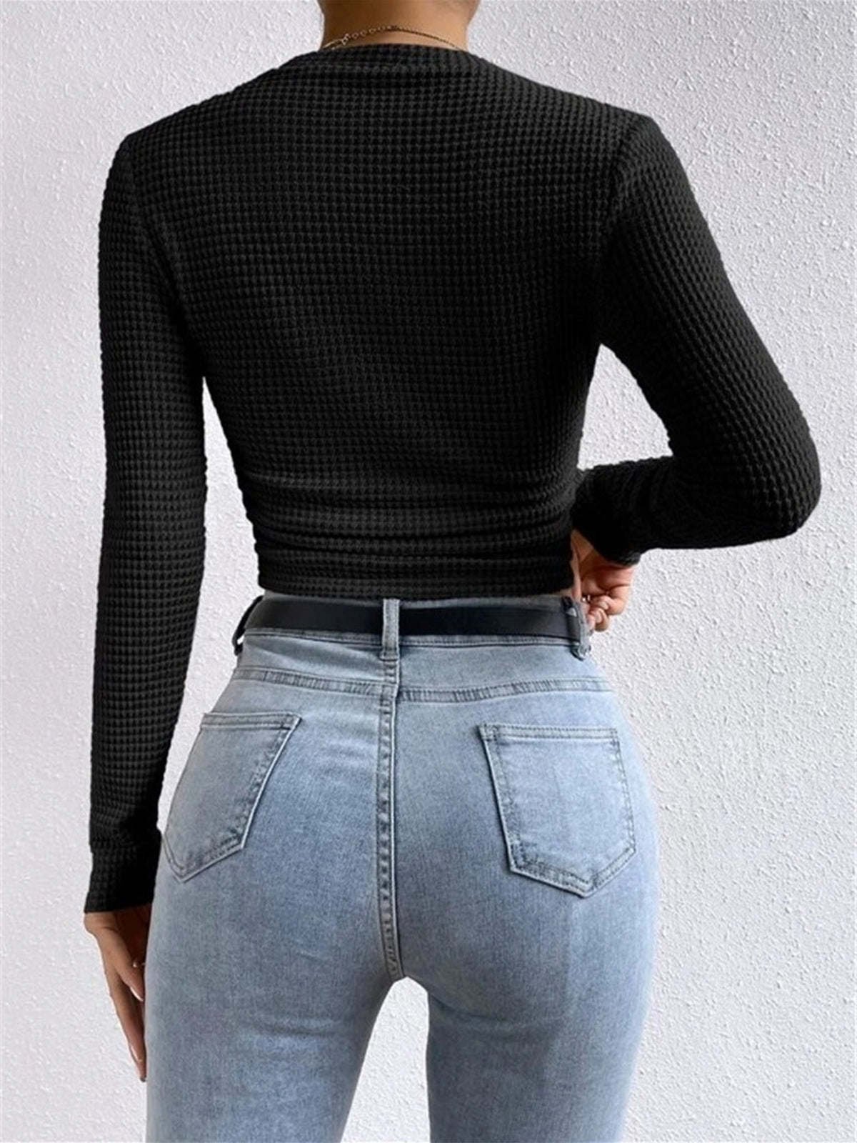 Top in Waffle Knit — Long Sleeve Slim Fit Crop with Ruched Hem for Casual Everyday Style