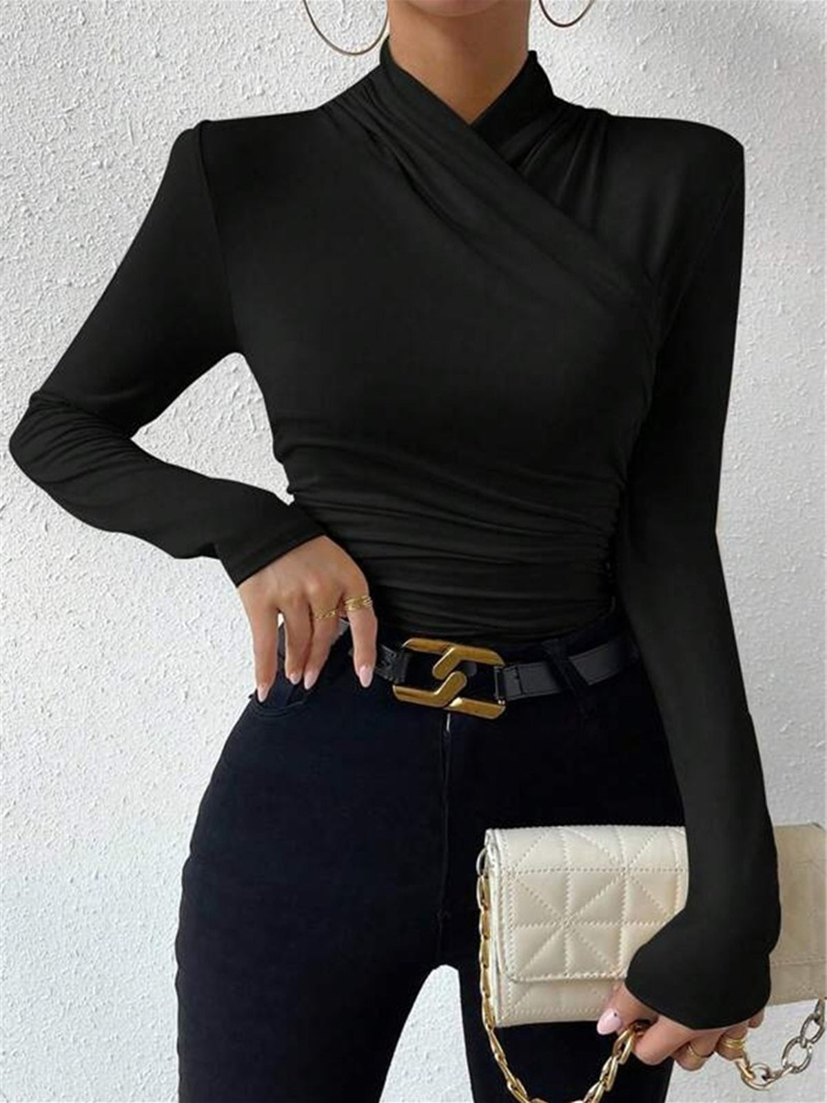 Top in Viscose — Mock Neck Long Sleeve with Ruched Waist and Crossover Wrap Detail