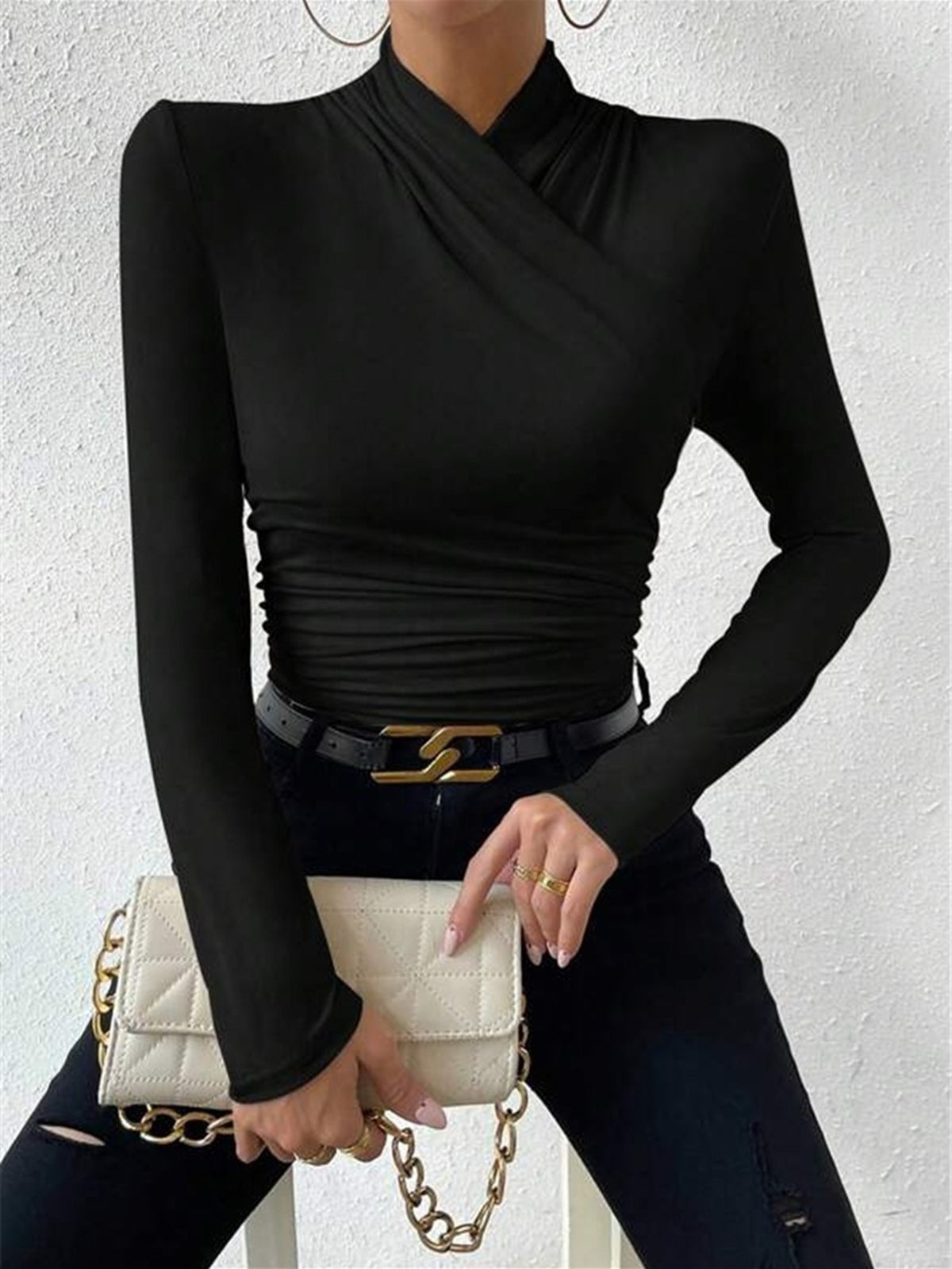 Top in Viscose — Mock Neck Long Sleeve with Ruched Waist and Crossover Wrap Detail
