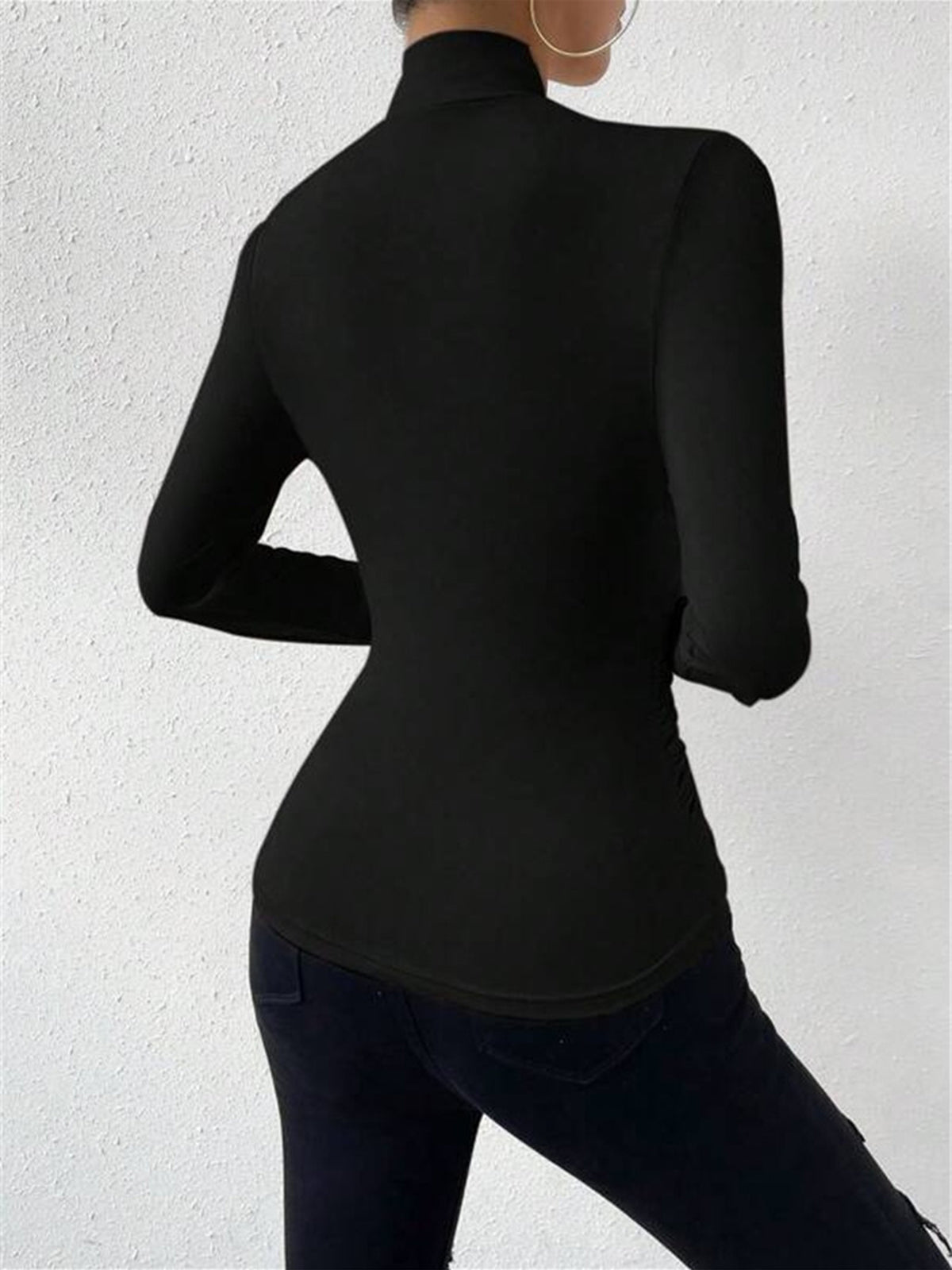 Top in Viscose — Mock Neck Long Sleeve with Ruched Waist and Crossover Wrap Detail