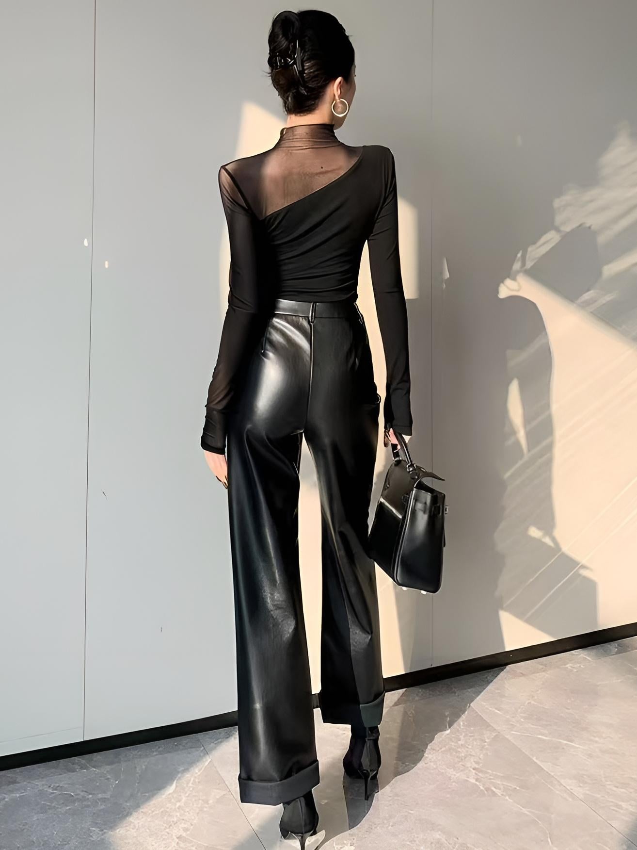 Top in Mesh — Sheer Panel Long Sleeve with Asymmetric Insert and Mock Neck for Evening Style