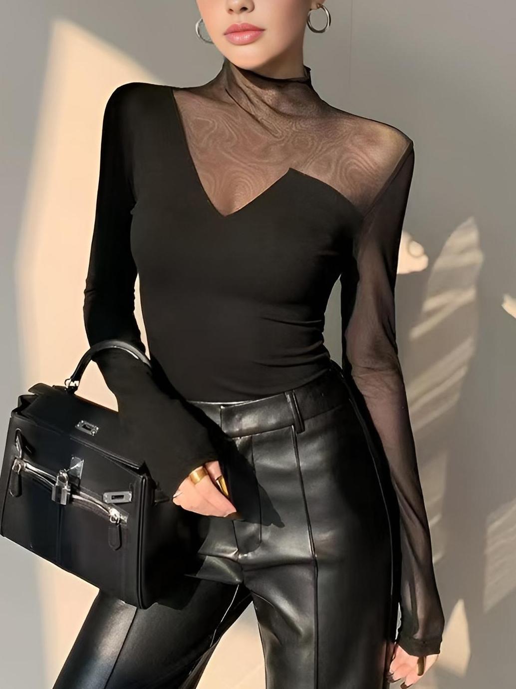 Top in Mesh — Sheer Panel Long Sleeve with Asymmetric Insert and Mock Neck for Evening Style
