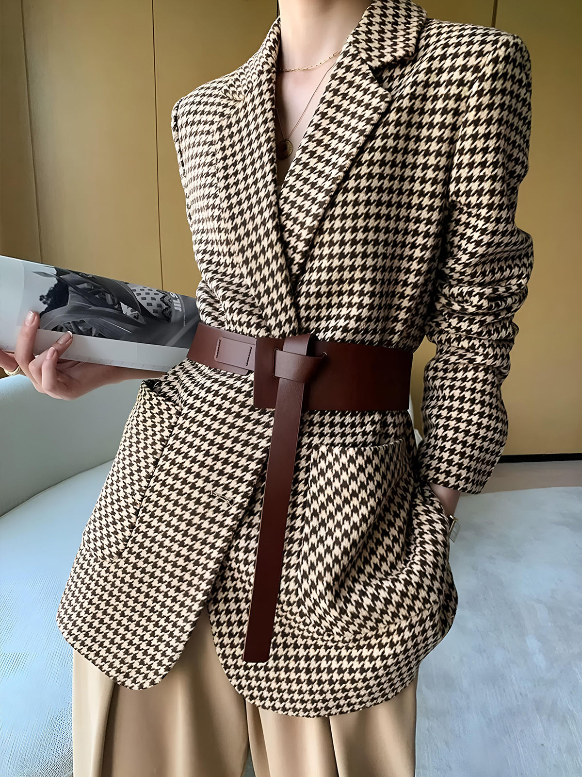 Belt Blazer | Notch Lapel Long Sleeve | Houndstooth Print Design
