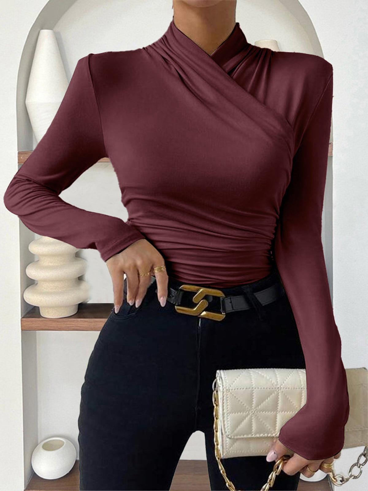 Top in Viscose — Mock Neck Long Sleeve with Ruched Waist and Crossover Wrap Detail