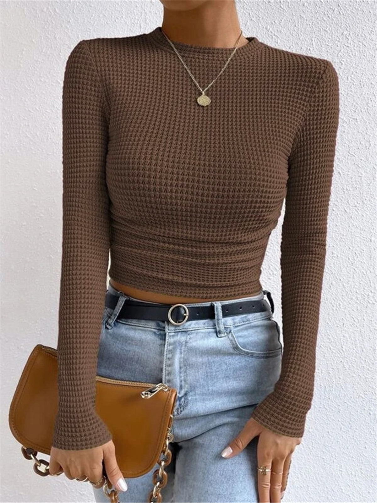 Top in Waffle Knit — Long Sleeve Slim Fit Crop with Ruched Hem for Casual Everyday Style