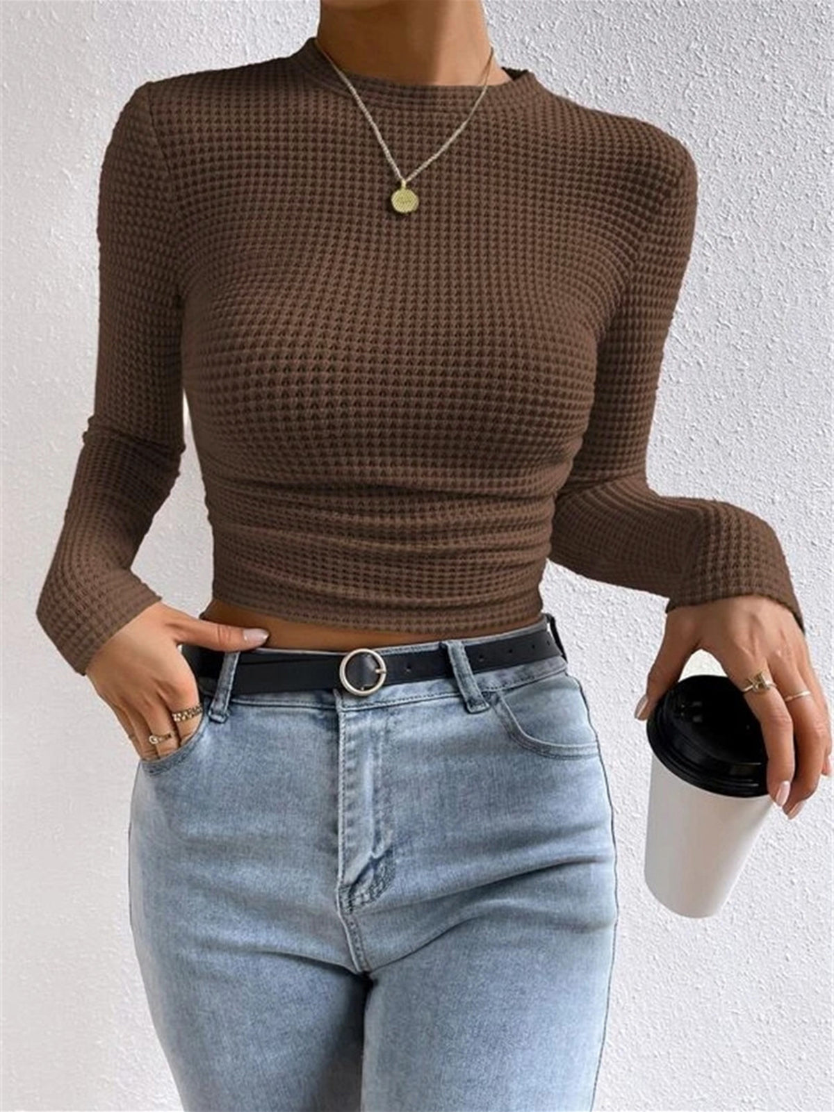 Top in Waffle Knit — Long Sleeve Slim Fit Crop with Ruched Hem for Casual Everyday Style
