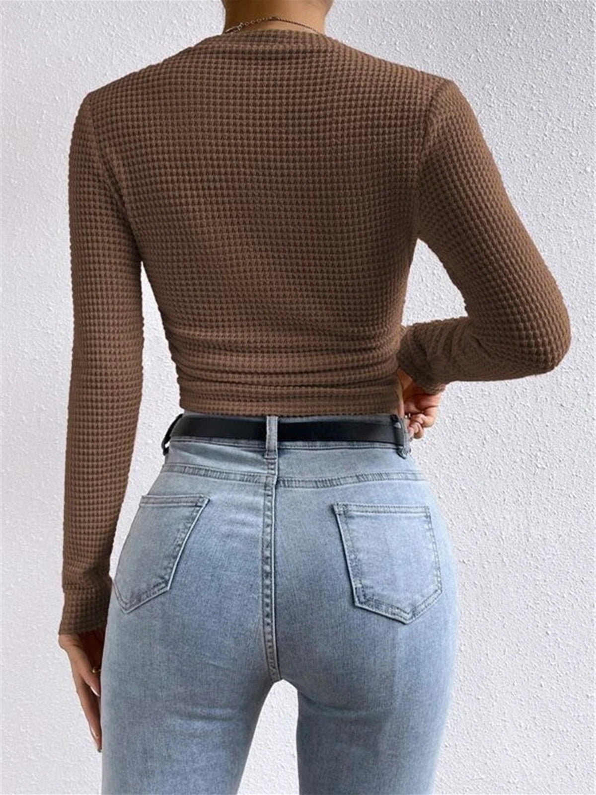 Top in Waffle Knit — Long Sleeve Slim Fit Crop with Ruched Hem for Casual Everyday Style