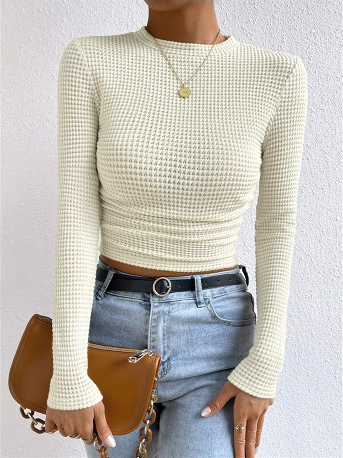 Top in Waffle Knit — Long Sleeve Slim Fit Crop with Ruched Hem for Casual Everyday Style
