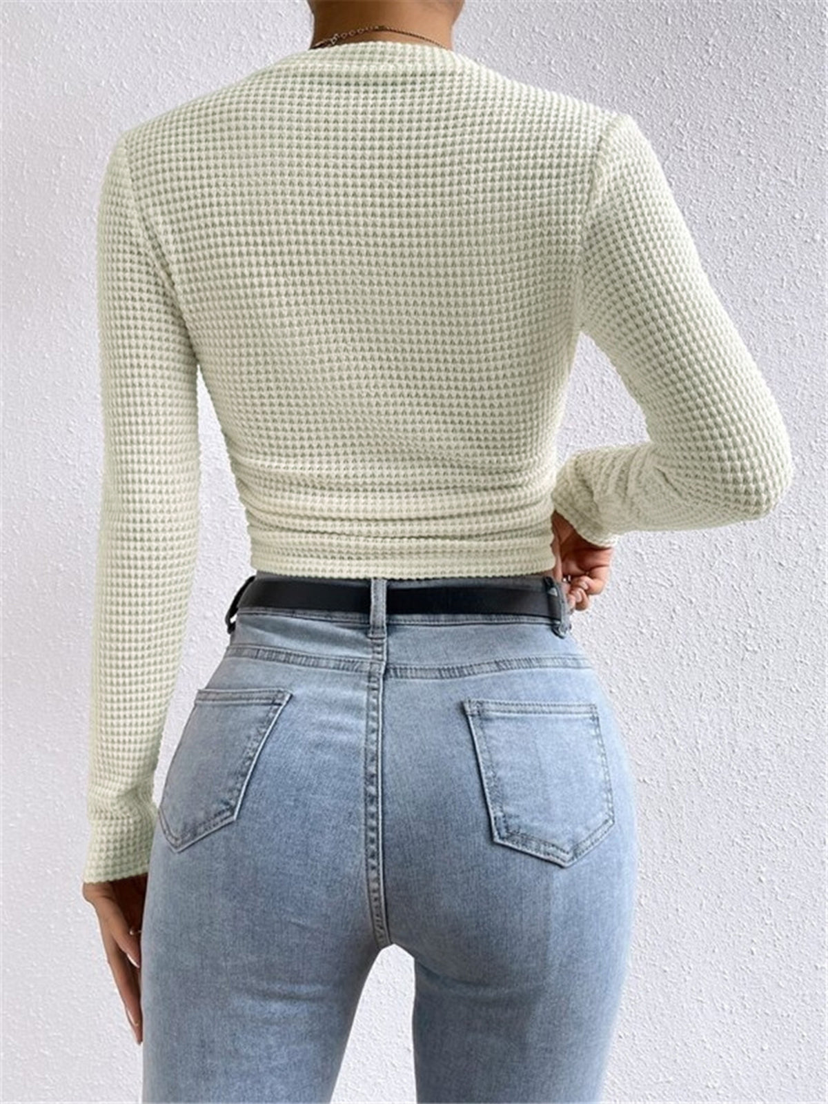 Top in Waffle Knit — Long Sleeve Slim Fit Crop with Ruched Hem for Casual Everyday Style