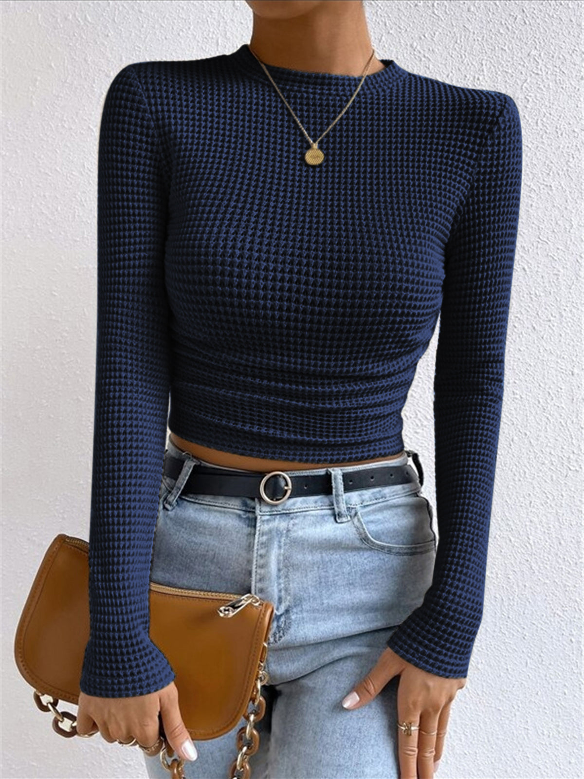 Top in Waffle Knit — Long Sleeve Slim Fit Crop with Ruched Hem for Casual Everyday Style