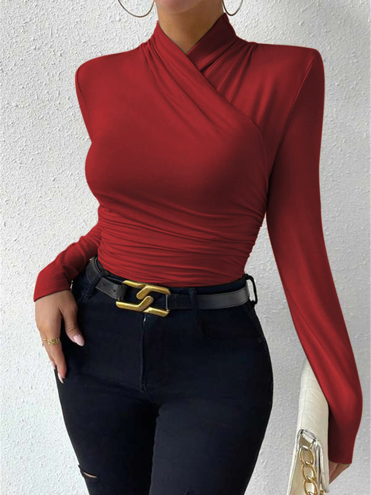 Top in Viscose — Mock Neck Long Sleeve with Ruched Waist and Crossover Wrap Detail
