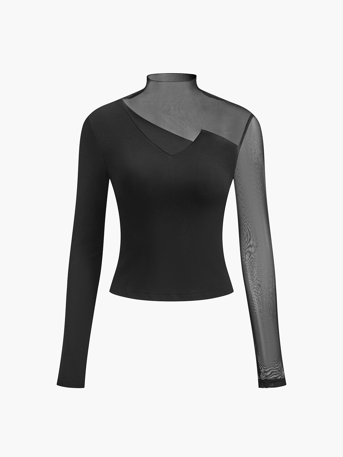 Top in Mesh — Sheer Panel Long Sleeve with Asymmetric Insert and Mock Neck for Evening Style