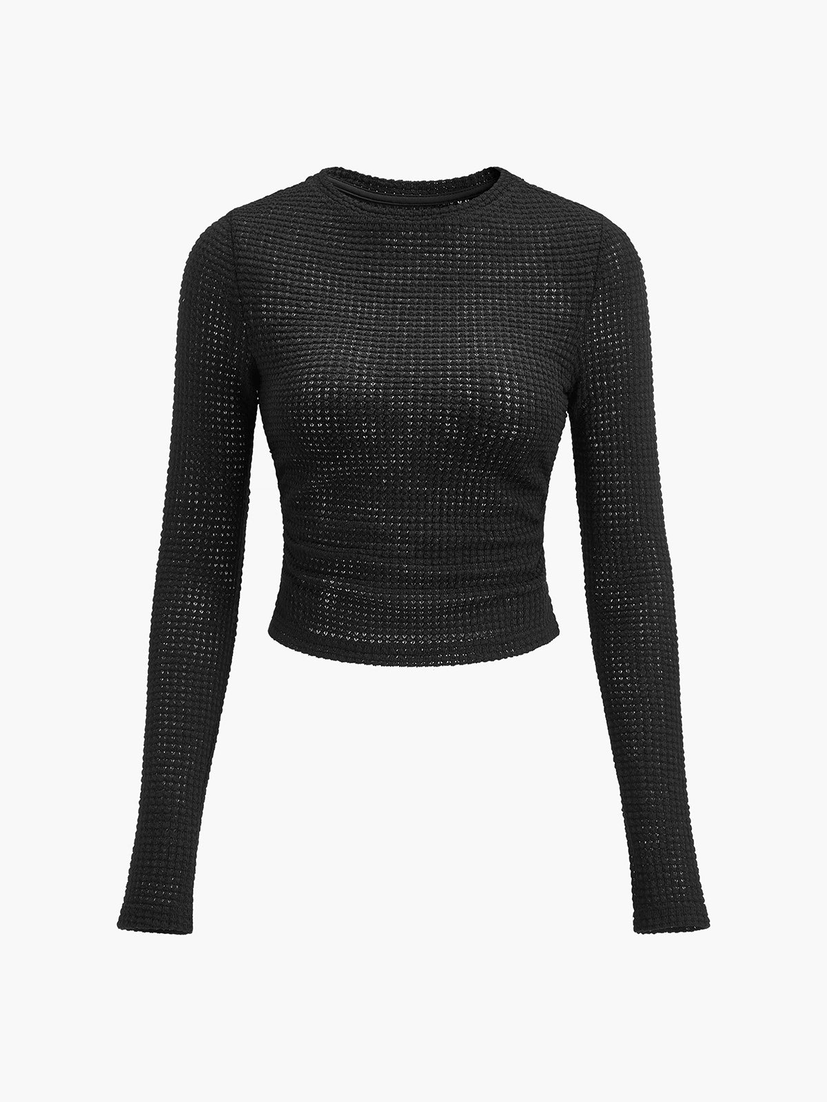 Top in Waffle Knit — Long Sleeve Slim Fit Crop with Ruched Hem for Casual Everyday Style