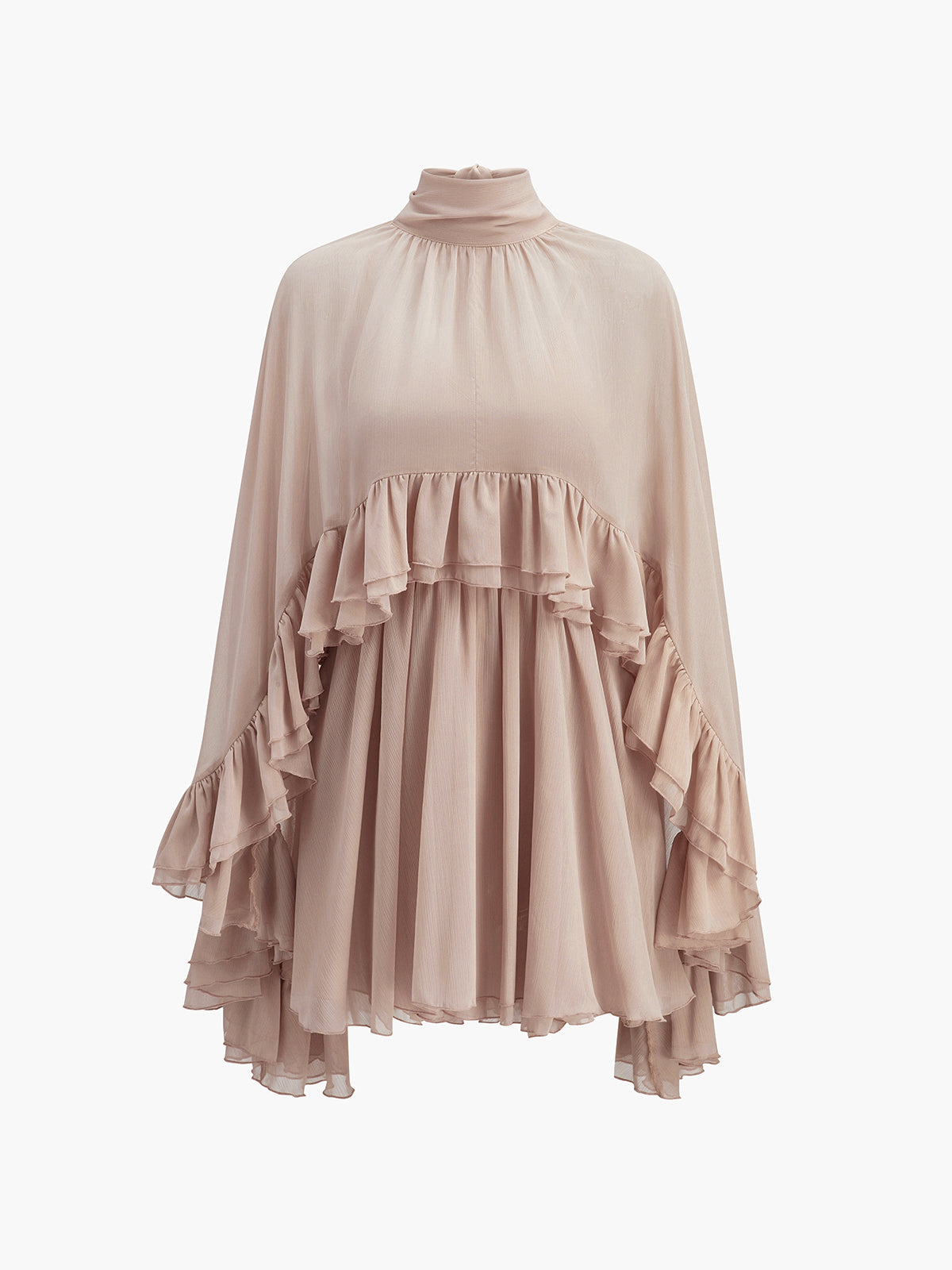 Dress in Chiffon — High Neck Cape Sleeve Mini with Flowy Tiered Ruffles