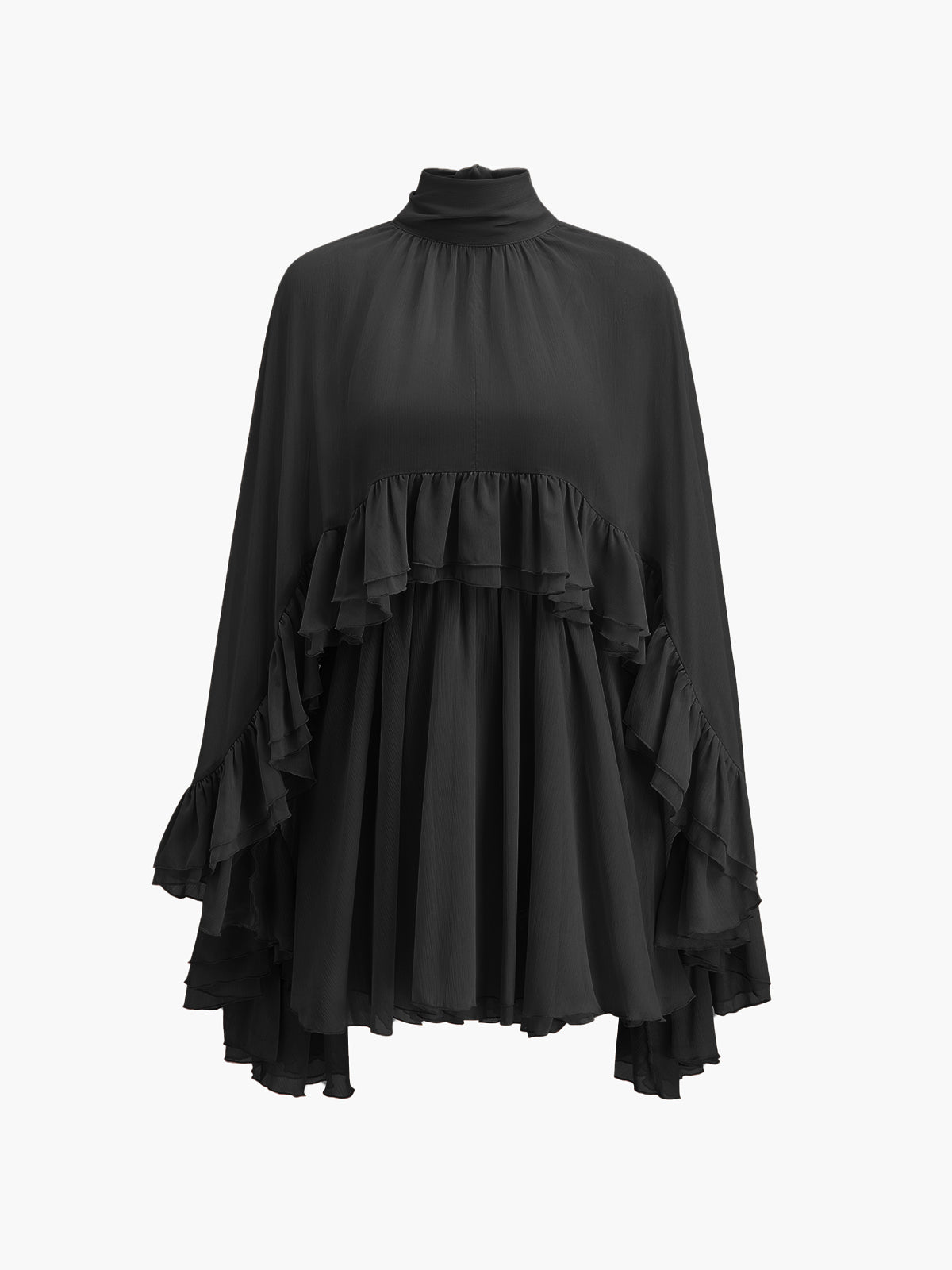 Dress in Chiffon — High Neck Cape Sleeve Mini with Flowy Tiered Ruffles