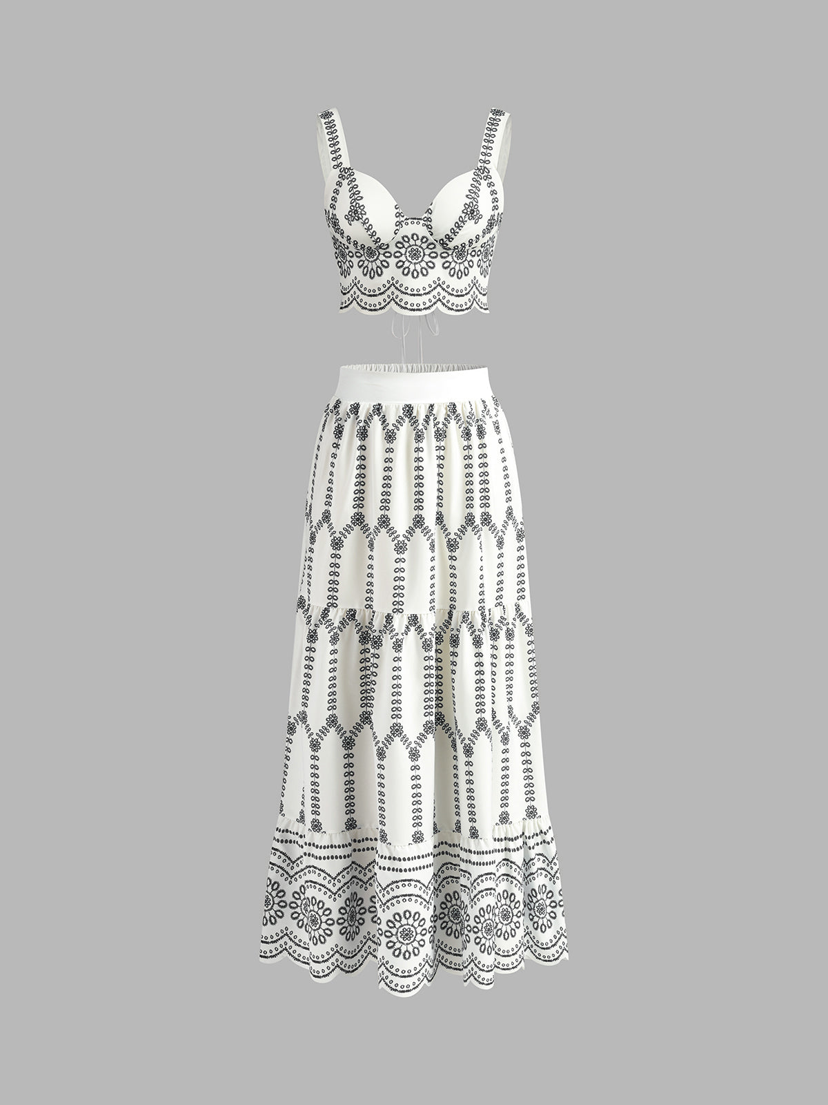 Set in Linen — Embroidered Maxi Skirt and Bustier Crop Top with Floral Detail