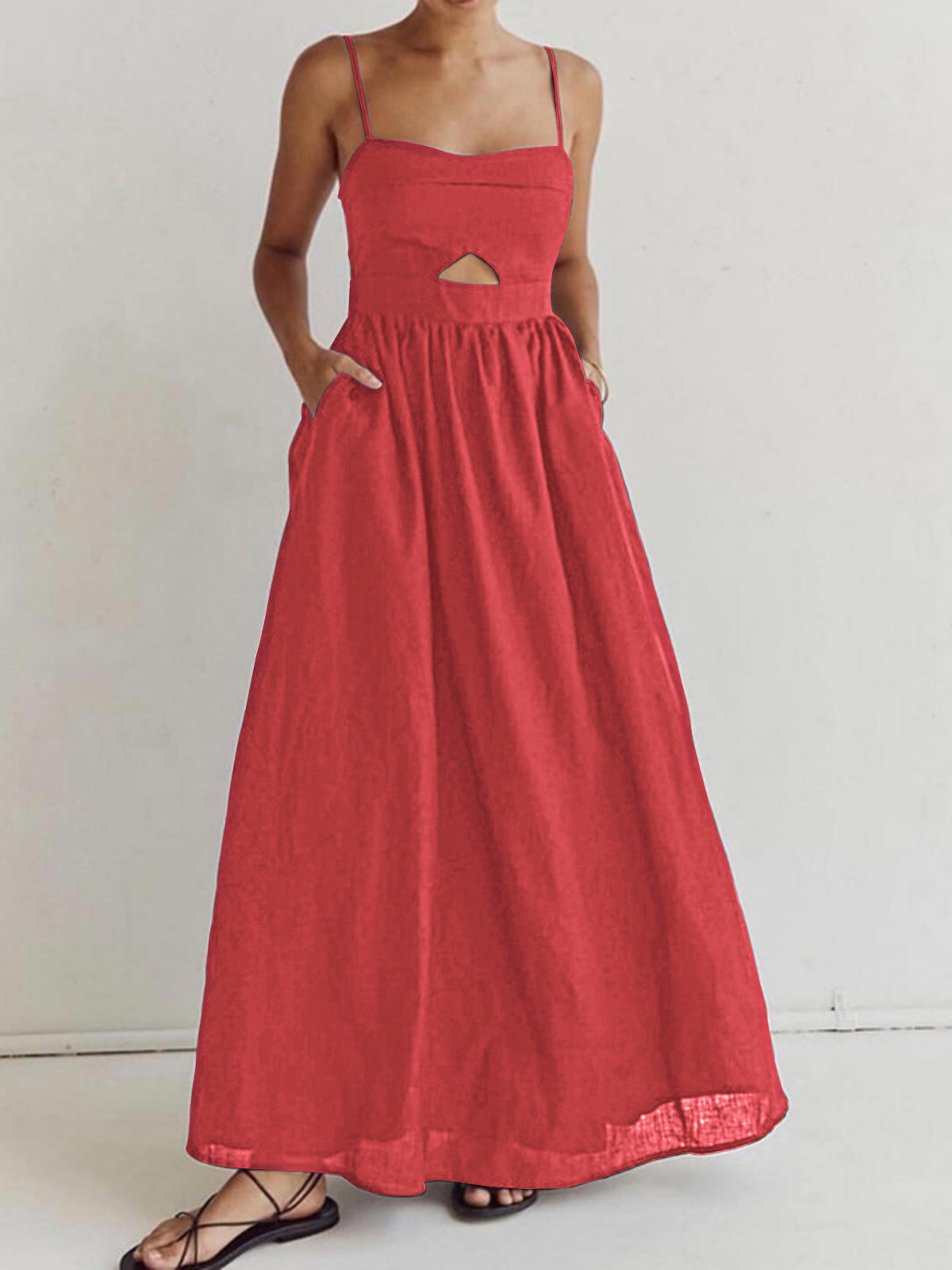 Dress in Linen — Spaghetti Strap Cutout Waist A-Line Maxi with Pockets for Summer