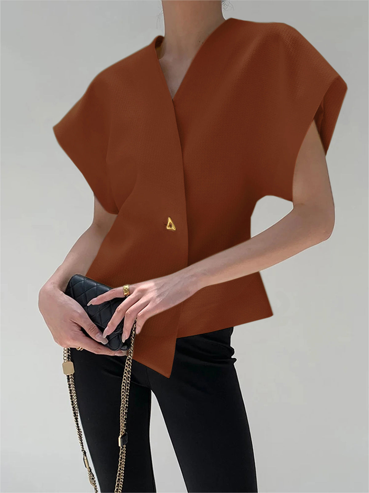 Blouse in Crepe — V Neck Cap Sleeve with Asymmetric Gold Button for Office Wear