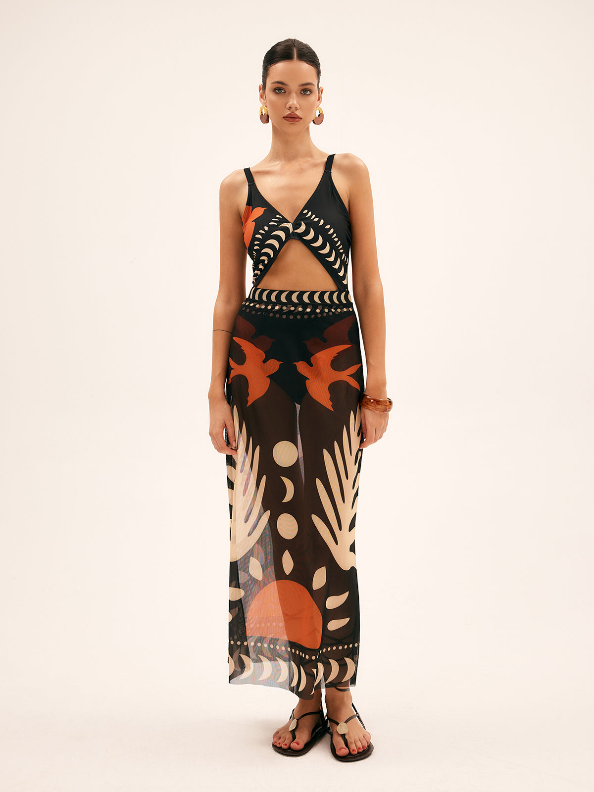 Skirt in Chiffon Maxi — Sheer Abstract Tropical Print for Boho Summer and Resort Wear