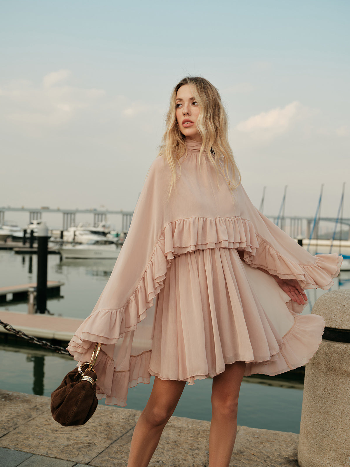 Dress in Chiffon — High Neck Cape Sleeve Mini with Flowy Tiered Ruffles