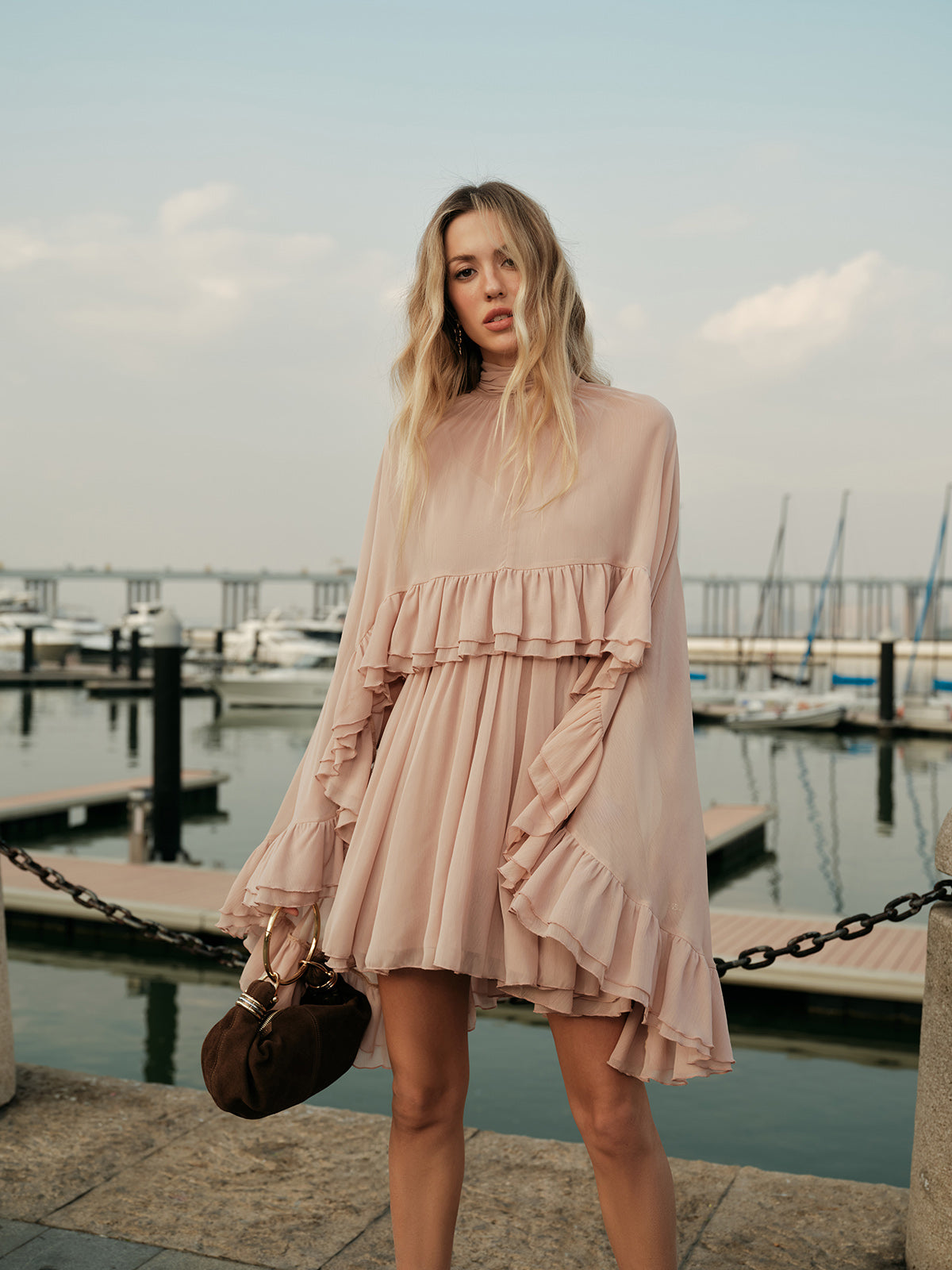 Dress in Chiffon — High Neck Cape Sleeve Mini with Flowy Tiered Ruffles